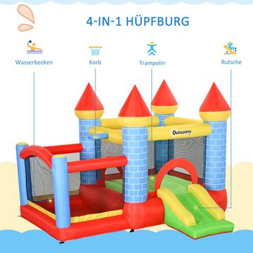 Outsunny Hüpfburg Spielhaus für 3-8 Jahre, (Spielburg, 1-tlg., Springburg), für Außenbereich, Rot+Blau+Grün