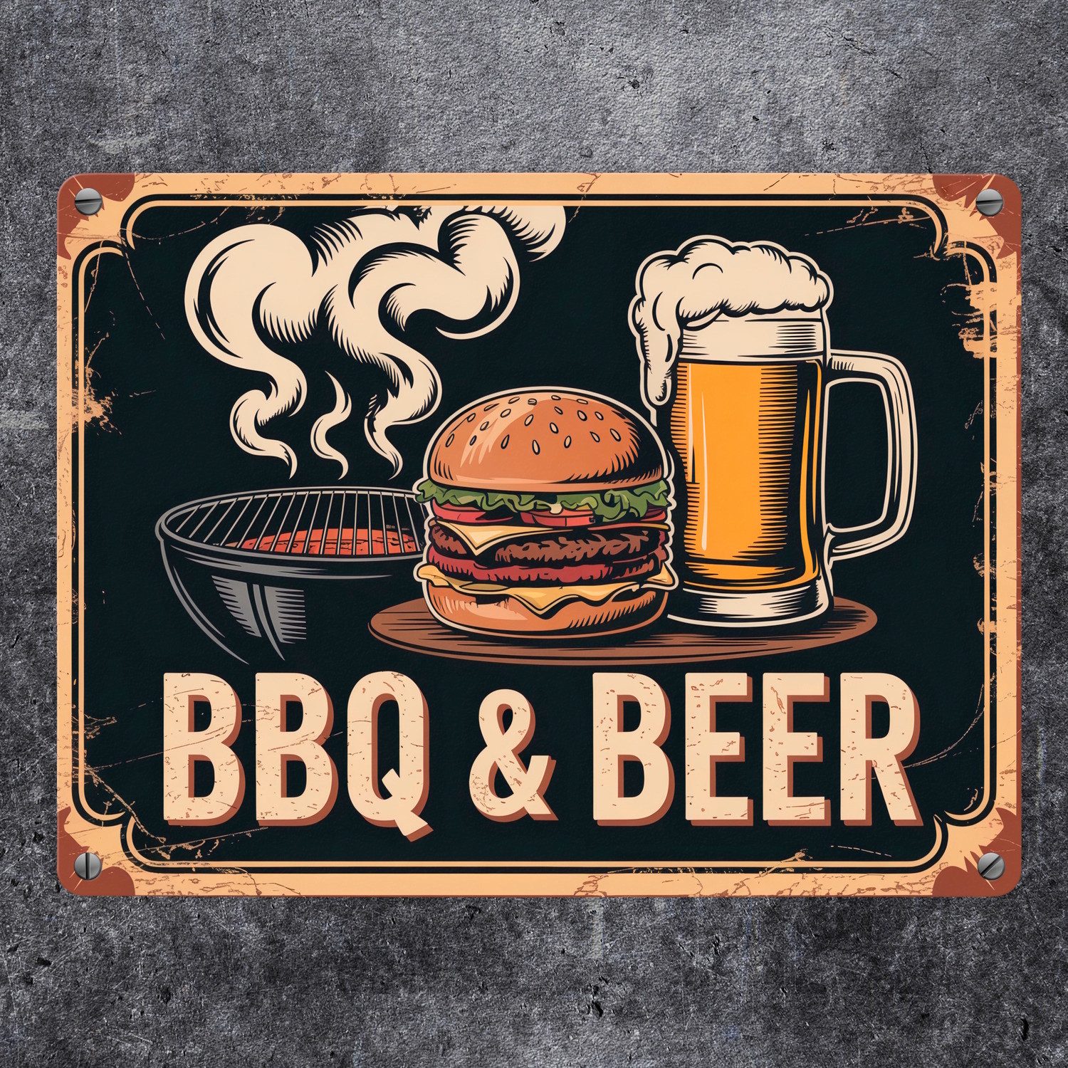 speecheese Metallschild Burger und Bier Metallschild in 15x20 cm BBQ und Beer Vintage