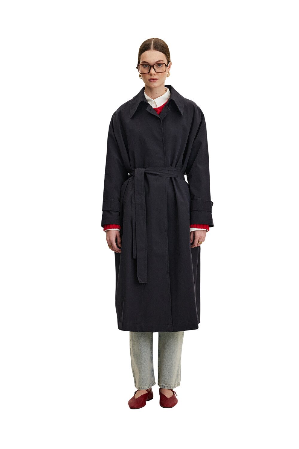 MANUKA Trenchcoat Schwarzer, übergroßer Trenchcoat aus Gabardine mit Gürtel