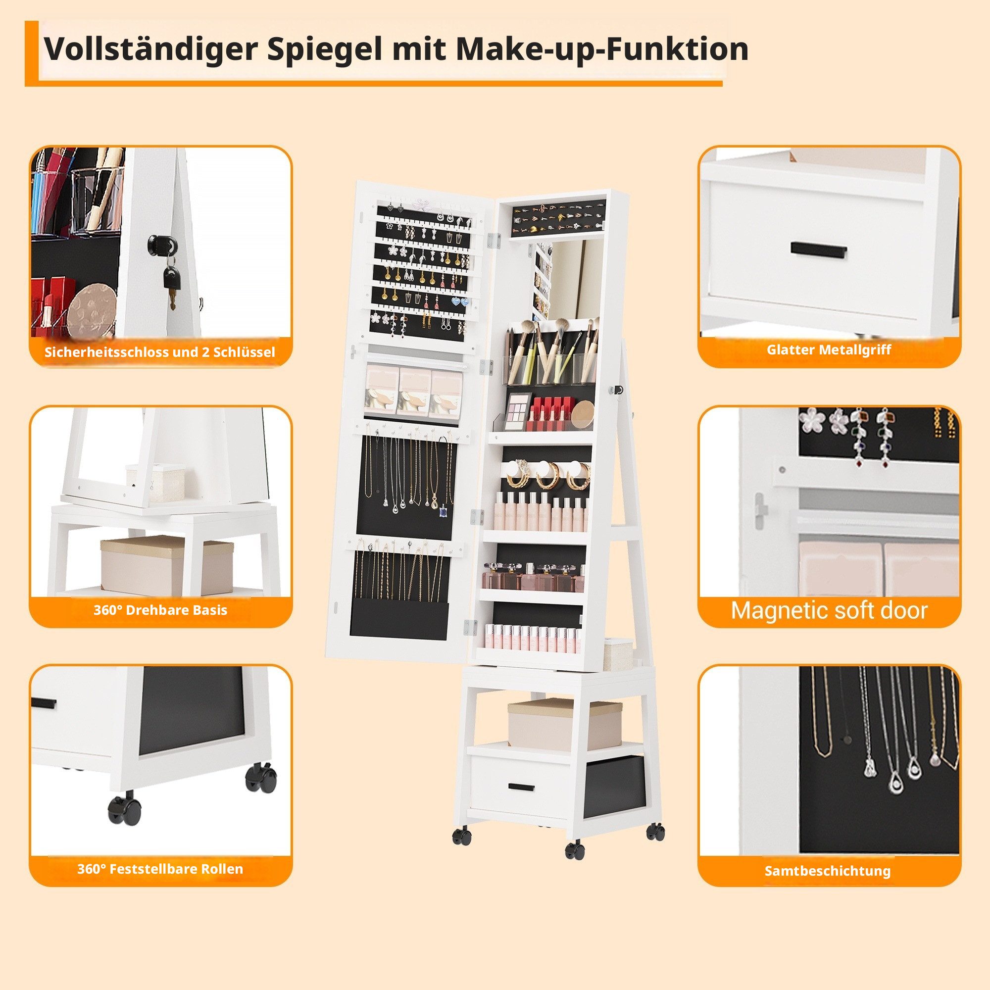 GarveeMore Schmuckschrank Großer Schmink- und Ganzkörperspiegel mit LED-Licht (3 Farben) (1-St) inkl. Sicherheitsschloss & 360° Rollen, 37×38×168 cm, weiß – Bild 5 von 5