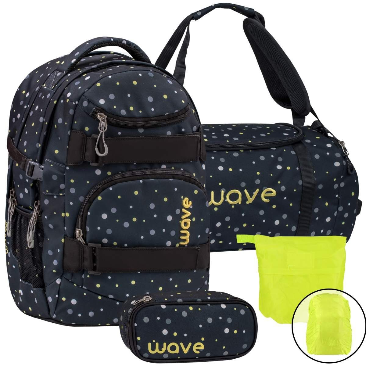 Wave Schulrucksack Infinity, Schultasche, ab 5. Klasse, weiterführende Schule, Set mit Regenhülle Black and Yellow Dots