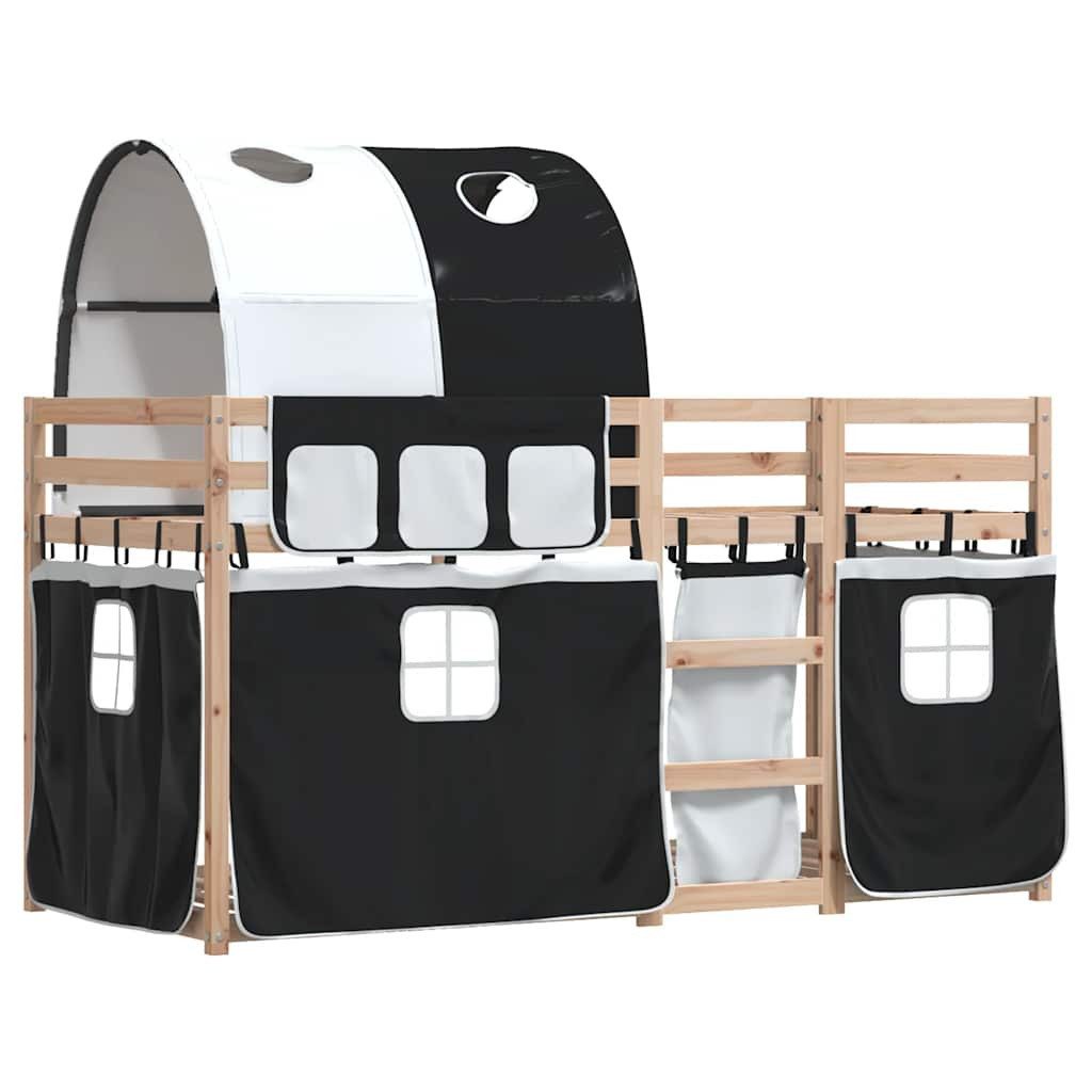 vidaXL Bett Etagenbett mit Vorhängen Weiß & Schwarz 90x190 cm Kiefernholz
