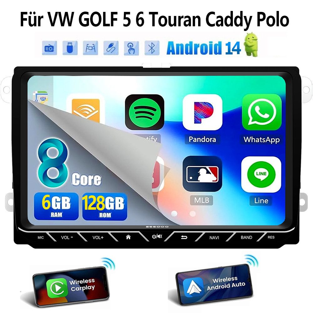 ESSGOO DAB+ Android14 6+128G Carplay GPS 4G Für VW GOLF 5 6 Touran Caddy Polo Autoradio (DAB+ (optional), 6GB+128GB, 4G LTE, RDS, AM, FM, Carplay Android Auto Bluetooth EQ USB GPS Navi WIFI Touchscreen)