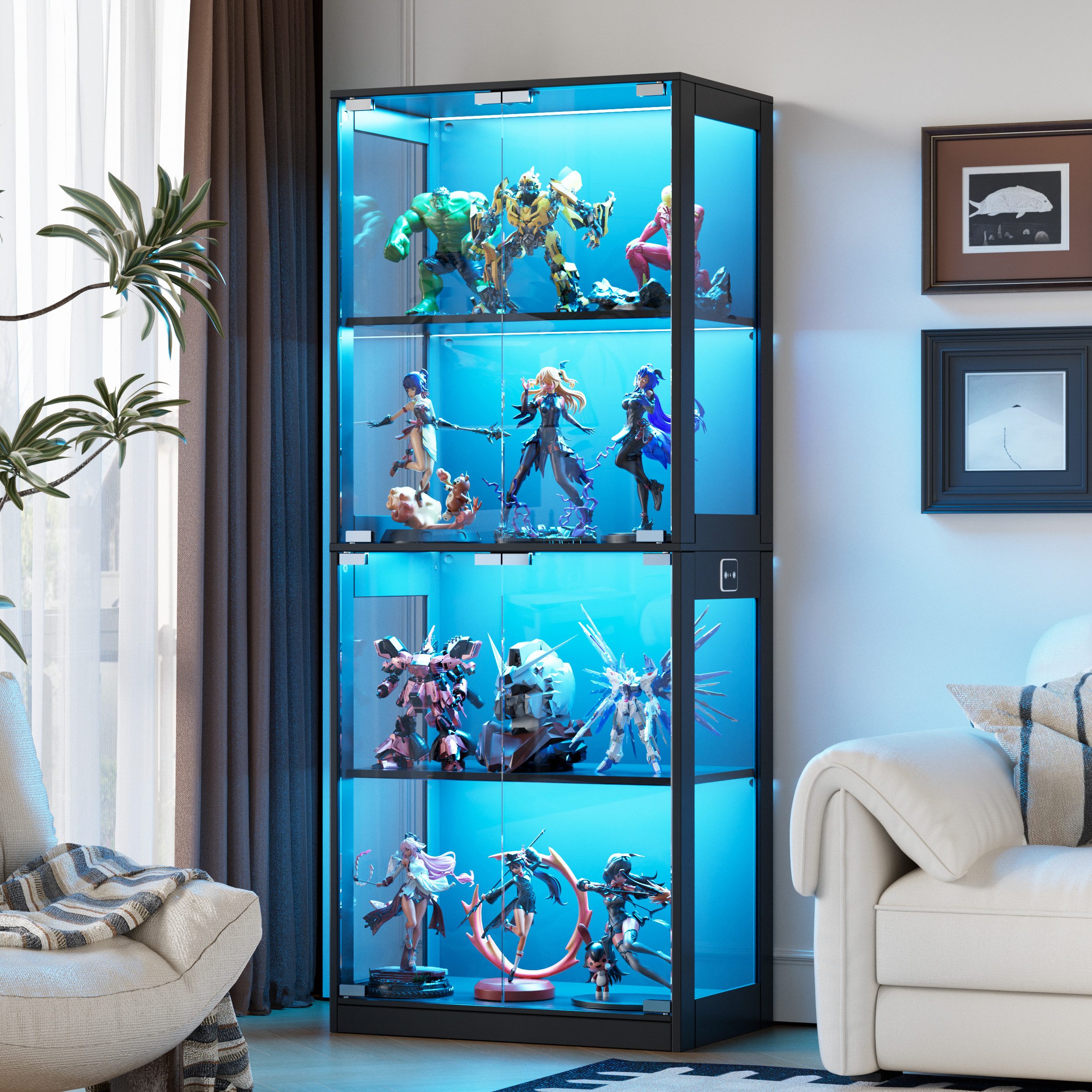 TWSOUL Glasvitrine LED Standvitrine mit Intelligente Sensorik und Pop-up-Design bis 100kg 4-Lagen Standregal mit Glastür, Hochschrank Vitrine für Sammler