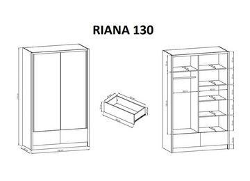MOEBLO Kleiderschrank RIANA II (Wohnzimmerschrank Schrank Gaderobe Schiebtüren, mit Spiegel und Schubladen Schwebetürenschrank mit Einlegeböden) (BxHxT): 200/180/150/130x214x62 cm