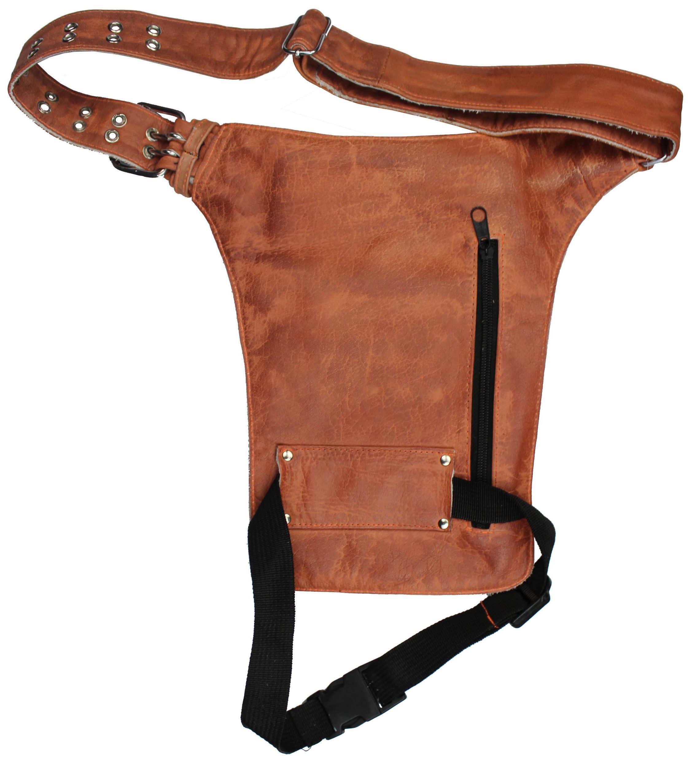 Alpha Speeds Beintasche / Bauchtasche aus weichem Leder – Braun mit Orange/Beige Streifen, 100% weiches/robustes Leder, handgefertigt & mit verstellbarem Gurt