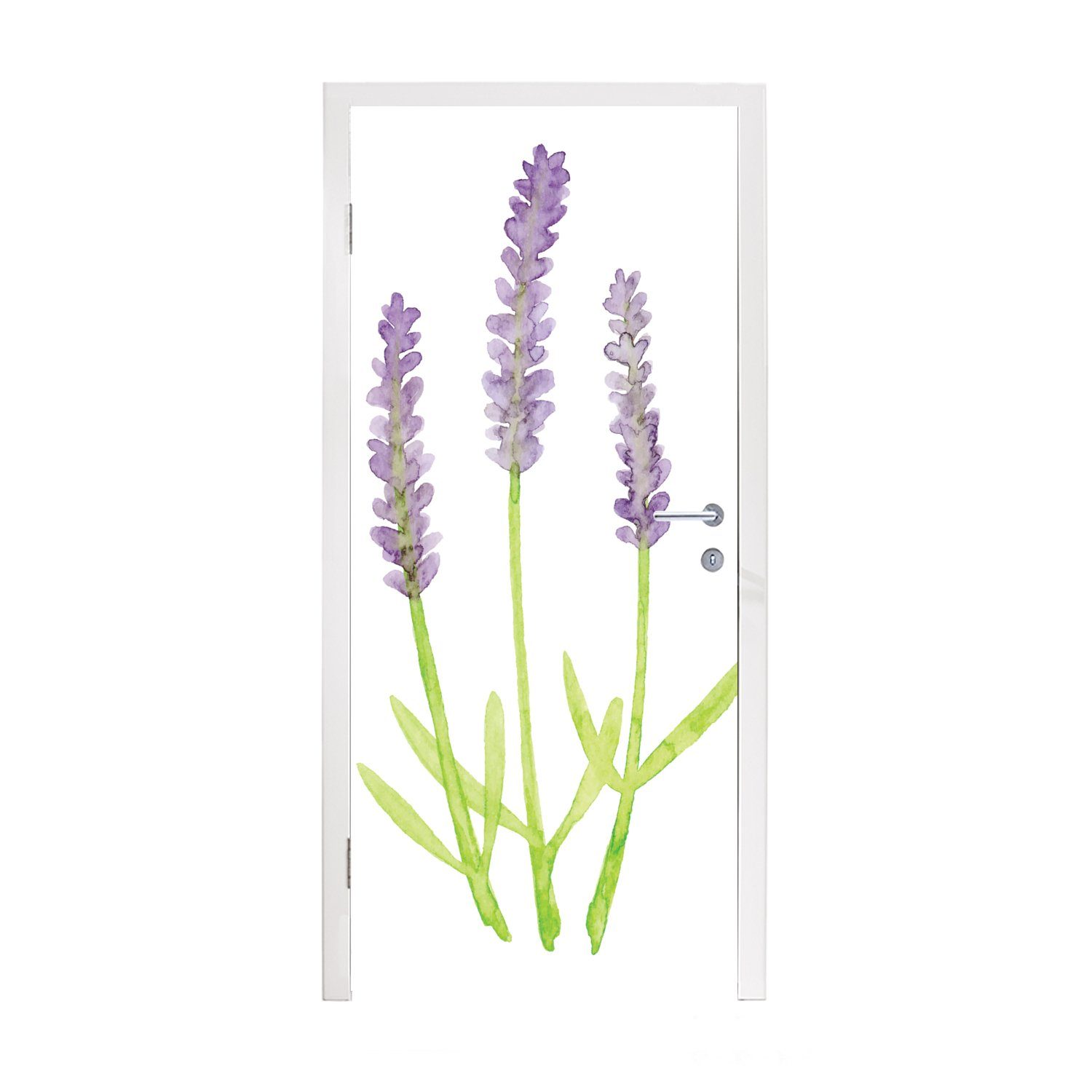 MuchoWow Türtapete Lavendel - Fototapete Tür, 75x205 St), (1 bedruckt, Matt, für cm - Pflanzen, Aquarell Türaufkleber