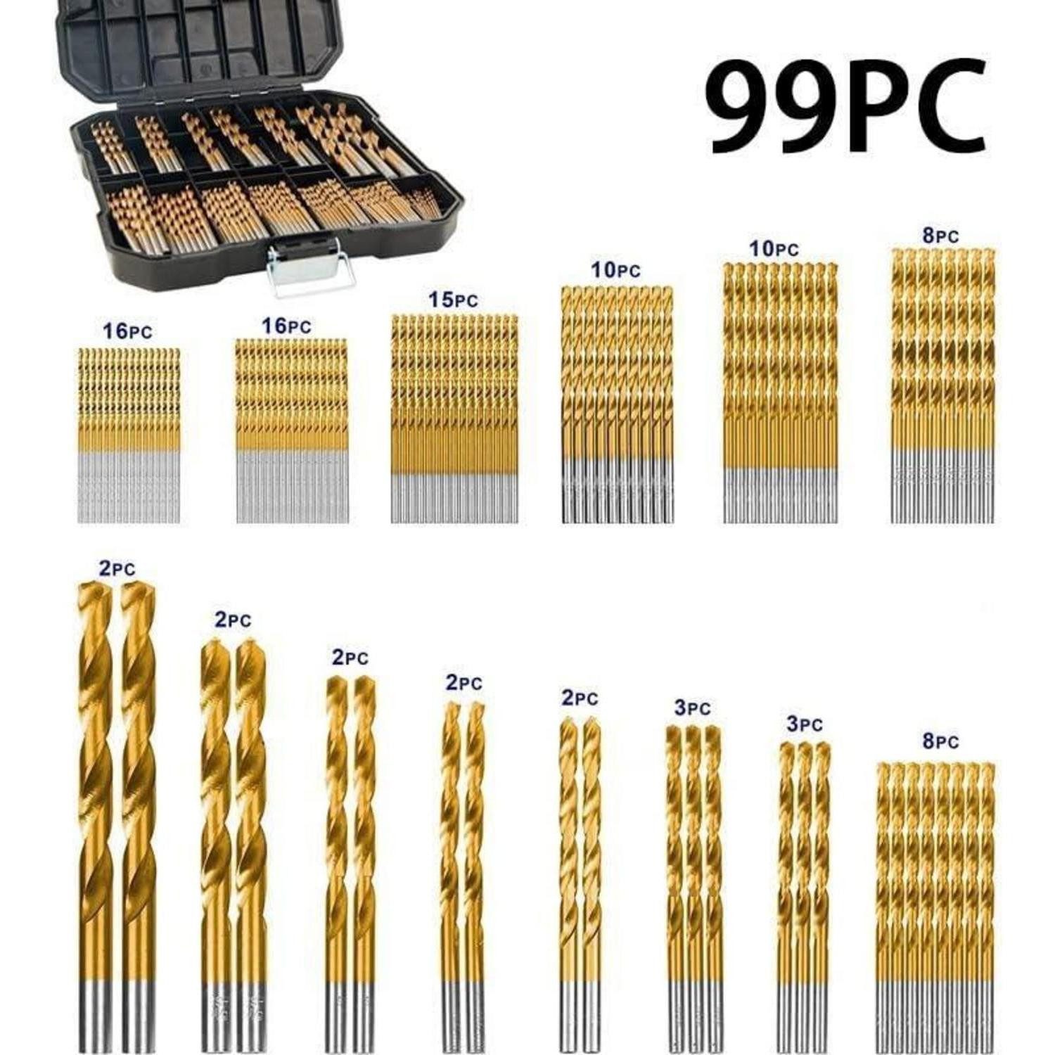 LuxusKollektion Metallbohrer Metallbohrer-Set 99-teilig titanbeschichtet 1,5-10 mm 135°