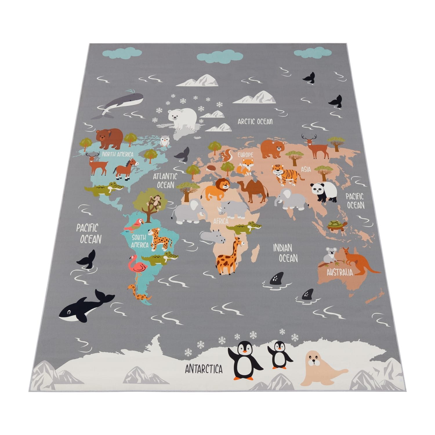 KADIMA DESIGN Kinderteppich waschmaschinenwaschbar Tier‑Weltkarten‑Muster Kinderteppich, Rechteckig, Höhe: 4 mm, 100% Polyester, Rücken aus Felt + Dots, Rechtec – Bild 2 von 5