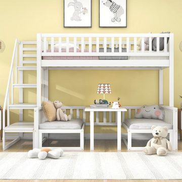 OKWISH Etagenbett Kinderbett mit Treppe, mit verstellbarem Tisch, mit Holzsofa (obustes Kieferholzgestell 90x200cm&120*200cm), ohne Matratze