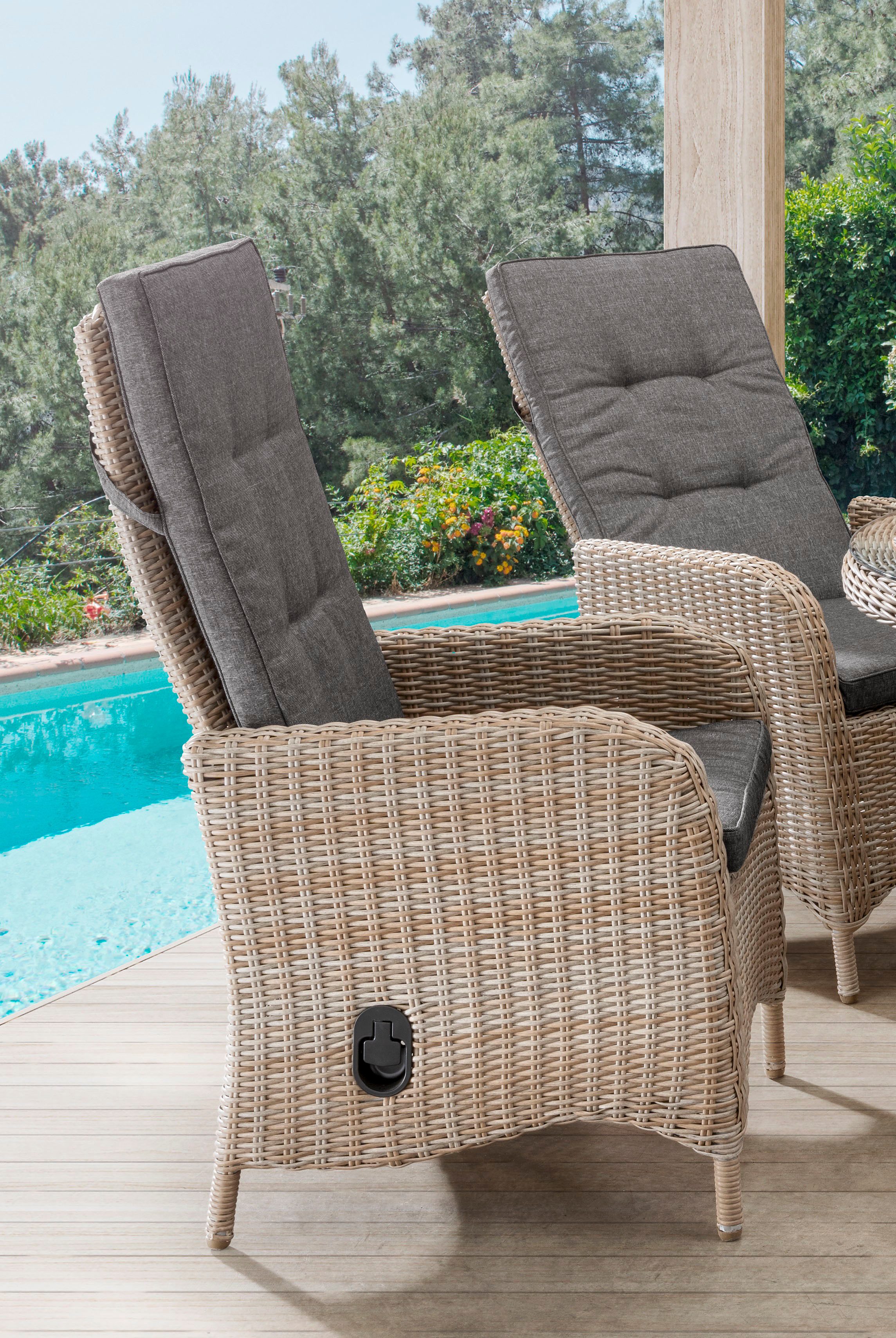 Destiny Garten-Essgruppe PALMA LUNA 4 HL + Tisch Ø 100x75cm natur meliert, (Set, 5-tlg., 4 HL stufenlos verstellb. inkl. Polster, 1 Tisch mt aufgel. Glasplatte), Aluminium, Polyrattan
