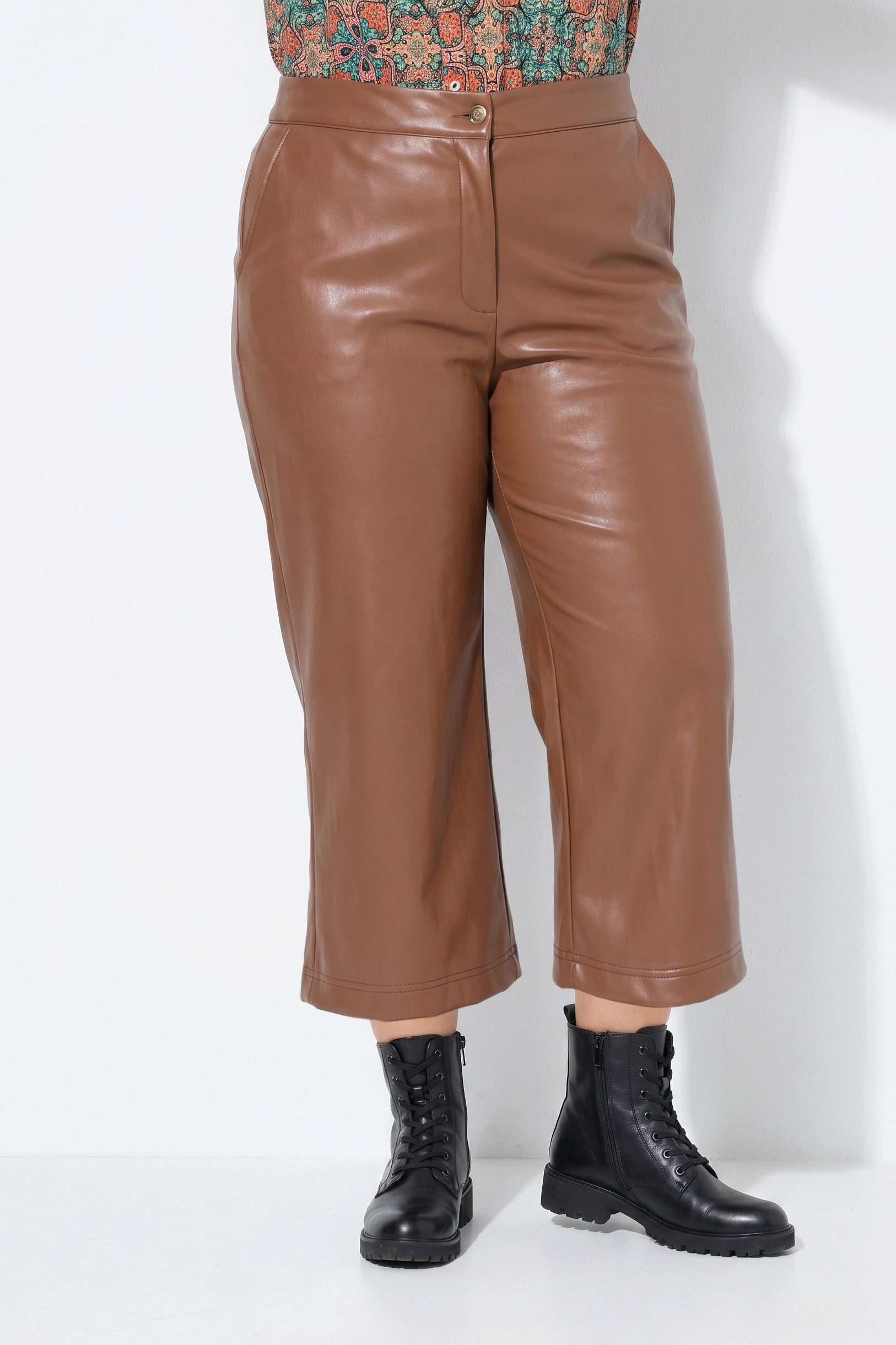 Ulla Popken Funktionshose Culotte Lederoptik weites Bein Komfortbund