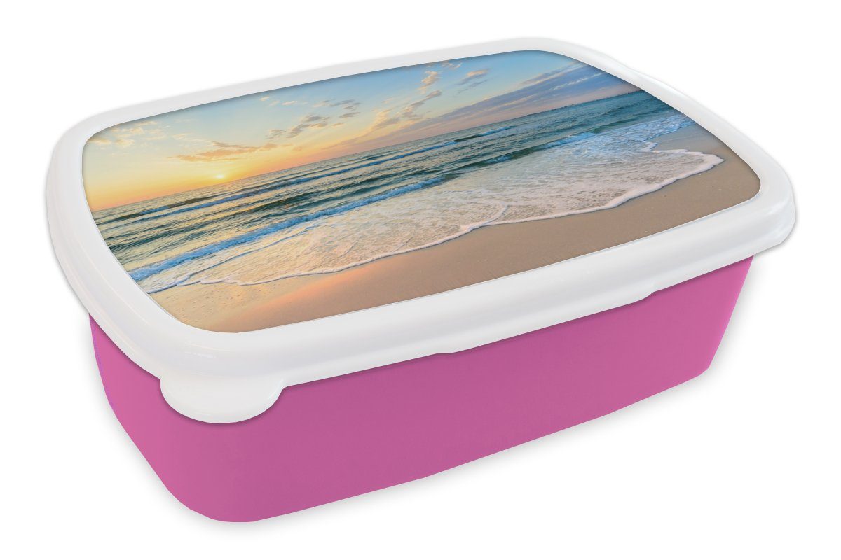MuchoWow Lunchbox Strand - Meer - Sonnenuntergang - Golf, Kunststoff, (2-tlg), Brotbox für Erwachsene, Brotdose Kinder, Snackbox, Mädchen, Kunststoff rosa