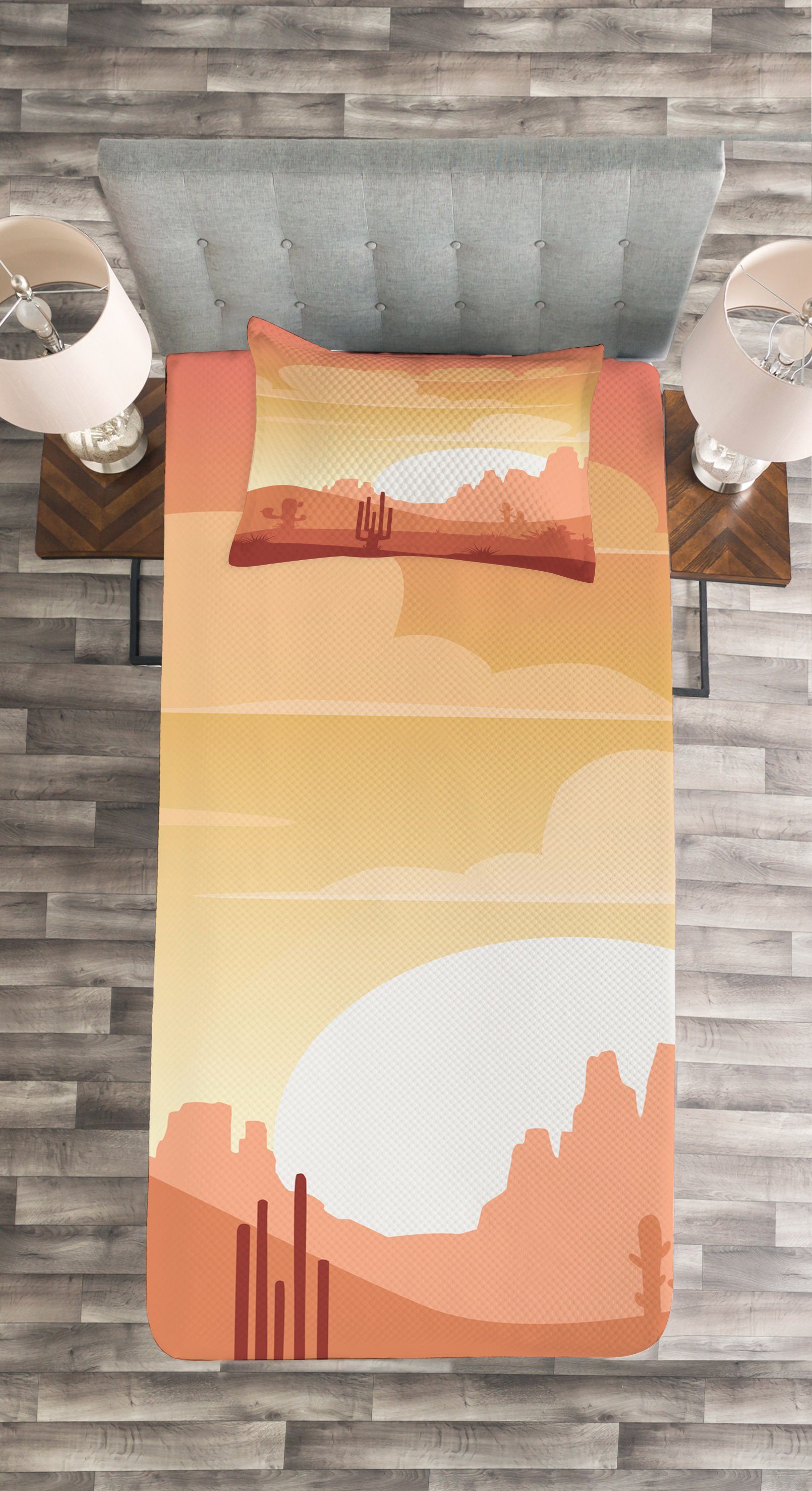 Tagesdecke Set mit Kissenbezügen Abakuhaus, Cartoon-Stil Wüsten-Szene Waschbar, Düne