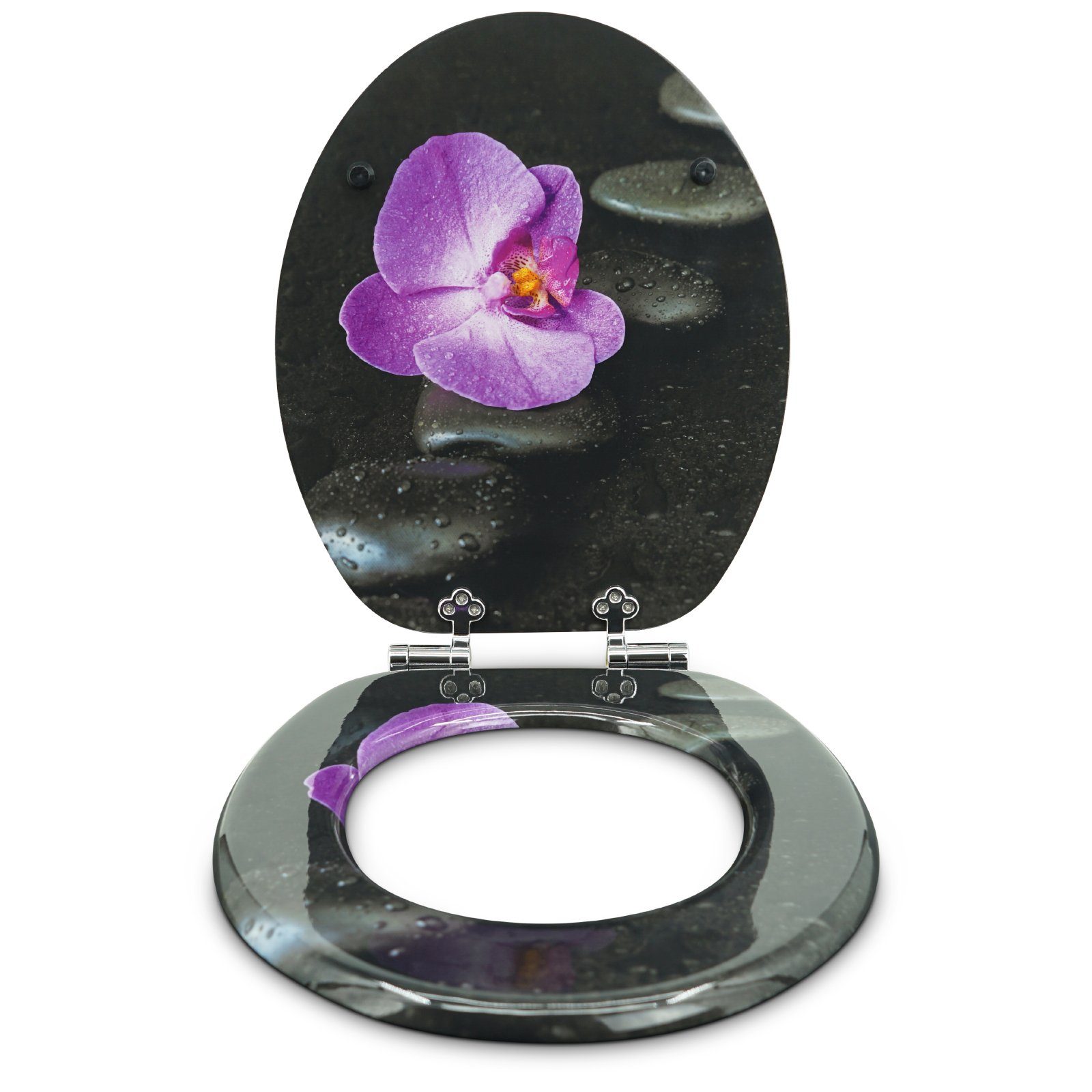 Sanfino WC-Sitz "Way of Orchid" Premium Toilettendeckel mit Absenkautomatik aus Holz, mit schönem Blumen-Motiv, hohem Sitzkomfort, einfache Montage – Bild 3 von 5