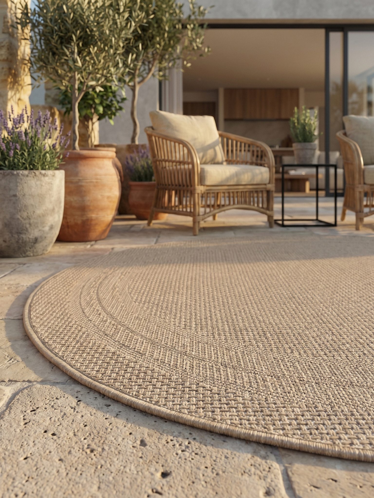 KADIMA DESIGN Teppich Outdoor Teppich VENTOUX Bordüre Flachgewebe Balkon Küche Rund, Rund, Höhe: 5 mm, Beige, 80x80 cm, Outdoor Balkonteppich Terrasse Pflegelei – Bild 3 von 5