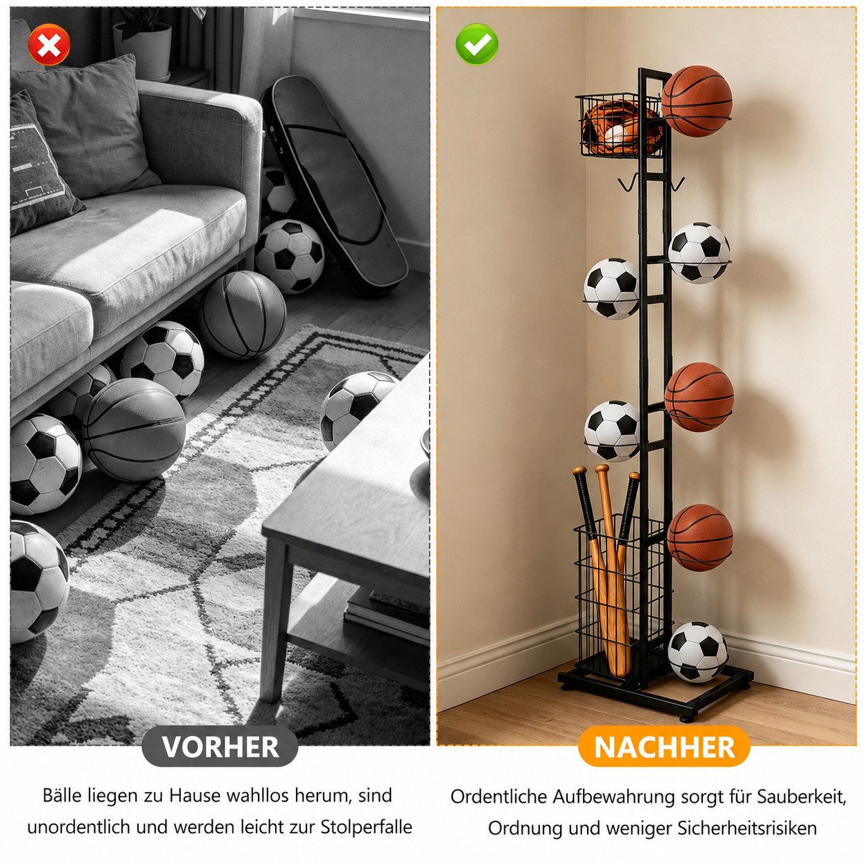 BlingBin Mehrzweckregal Ballständer 155 cm, Sportgerätehalter für 7 Bälle und Schläger, Ballaufbewahrung 1-tlg., Sportgeräte organizer, Basketball Aufbewahrungs – Bild 4 von 5