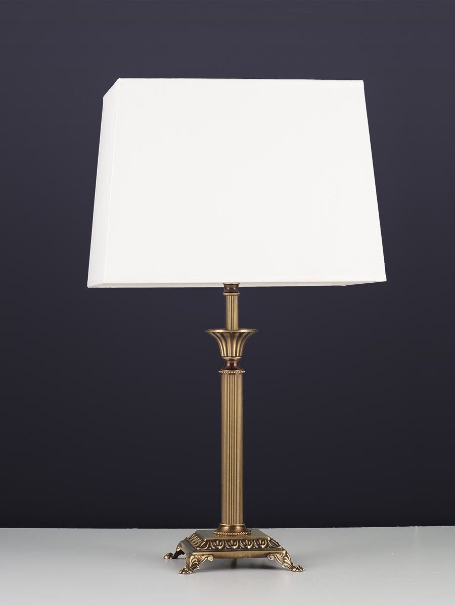 Helios Leuchten Tischleuchte Tischlampe Messing antik Stoffschirm rechteckig weiß, Schreibtischlampe Nachttischlampe, Handarbeit, echtes Messing