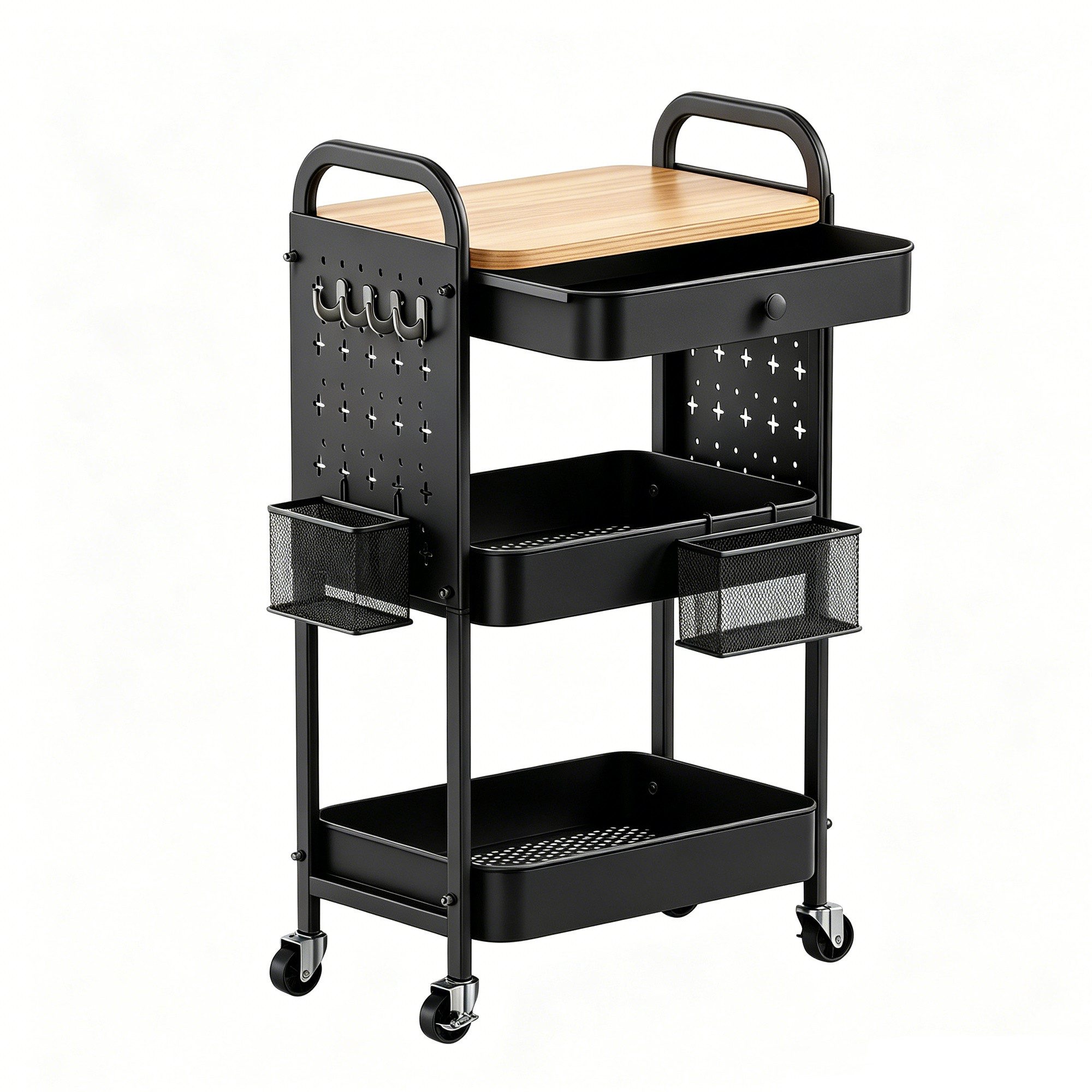 GLIESE Beistellwagen Vielseitiger Küchenwagen, Servierwagen, für Küche, Büro, Wohnzimmer, 2 Hängekörben, 4 Haken, 2 Lochplatten,1 Schublade, Bremsrollen, Griff