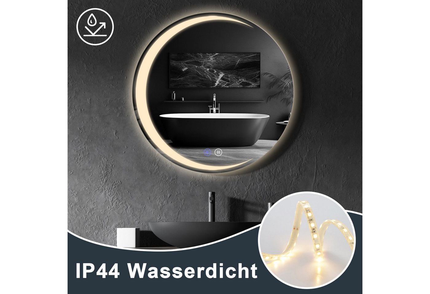 Thumbnail - ZMH Badspiegel mit Beleuchtung Modern Rund IP44 Wandspiegel Dimmbar für Badezimmer (Packung, 1-St., 1*Badspiegel), mit T...