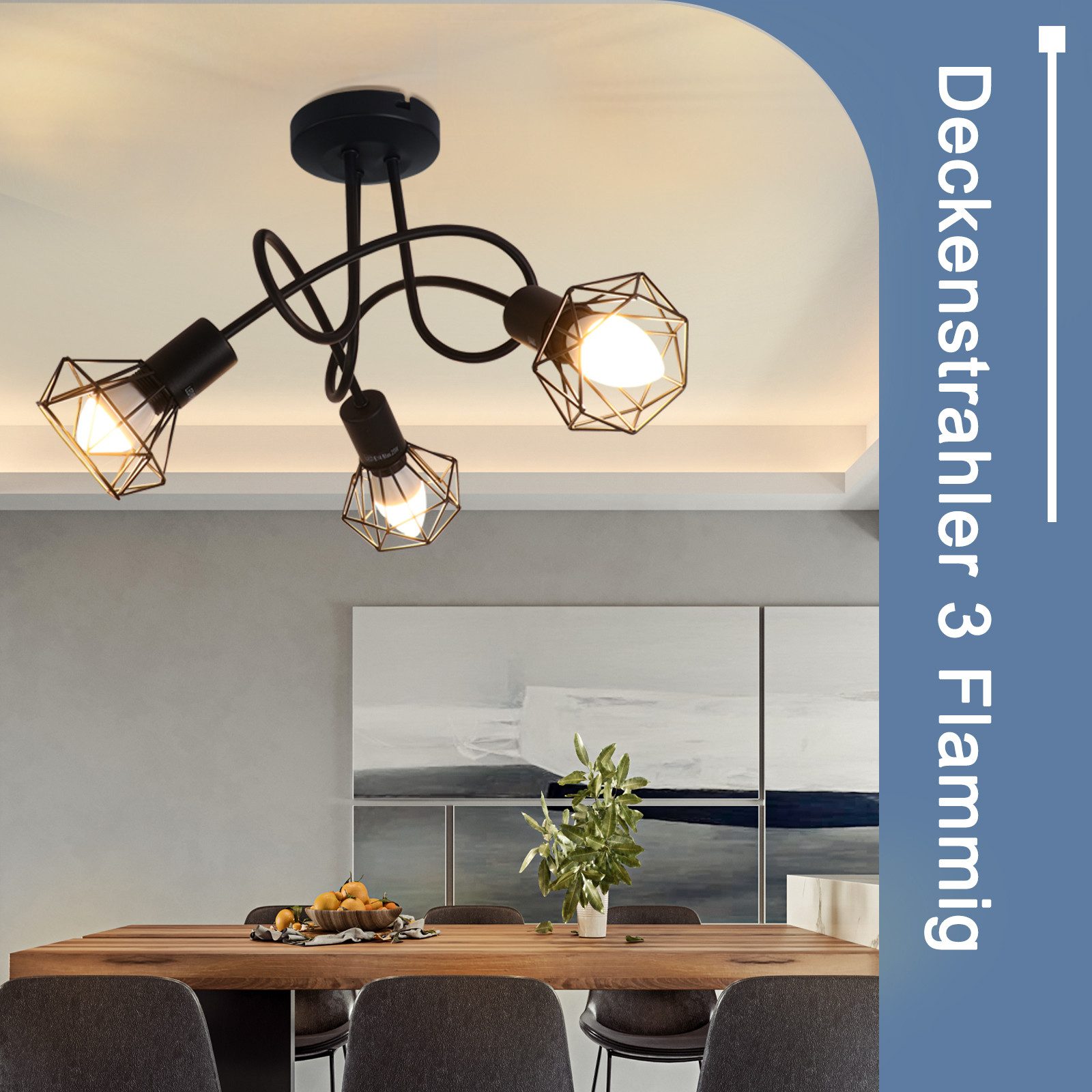 ZMH Deckenleuchte 3/5 Flammig Schwarz E14 Industrial Deckenstrahler Wohnzimmer Flur, Diamantgeschliffenen Eisengitterform, ohne Leuchtmittel, Schwenkbar 350° verschiedenen Raumtypen Deckenspots Küche Schlafzimmer
