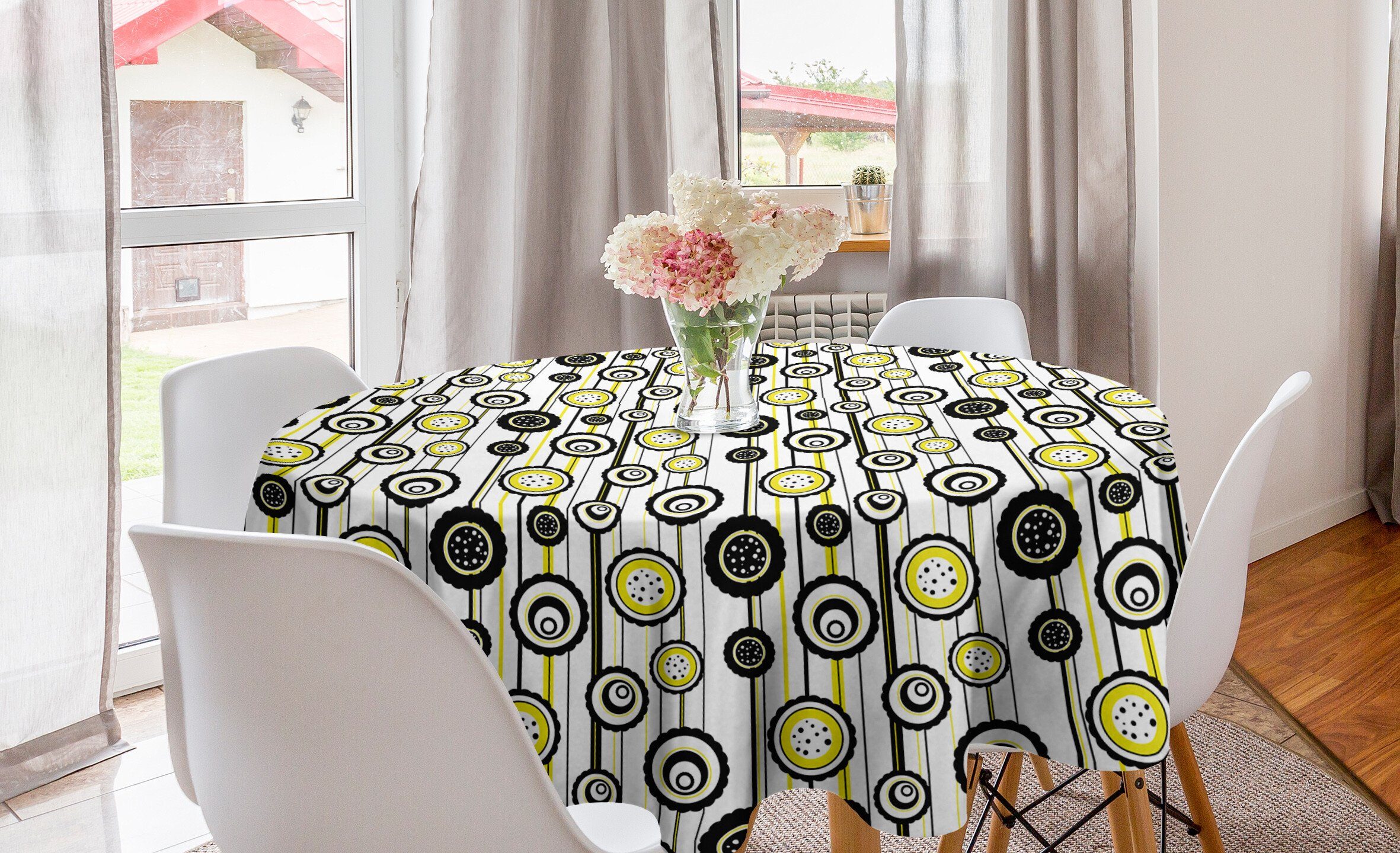 Abakuhaus Tischdecke Kreis Tischdecke Abdeckung für Esszimmer Küche Dekoration, Abstrakt Moderne Blumen auf Streifen