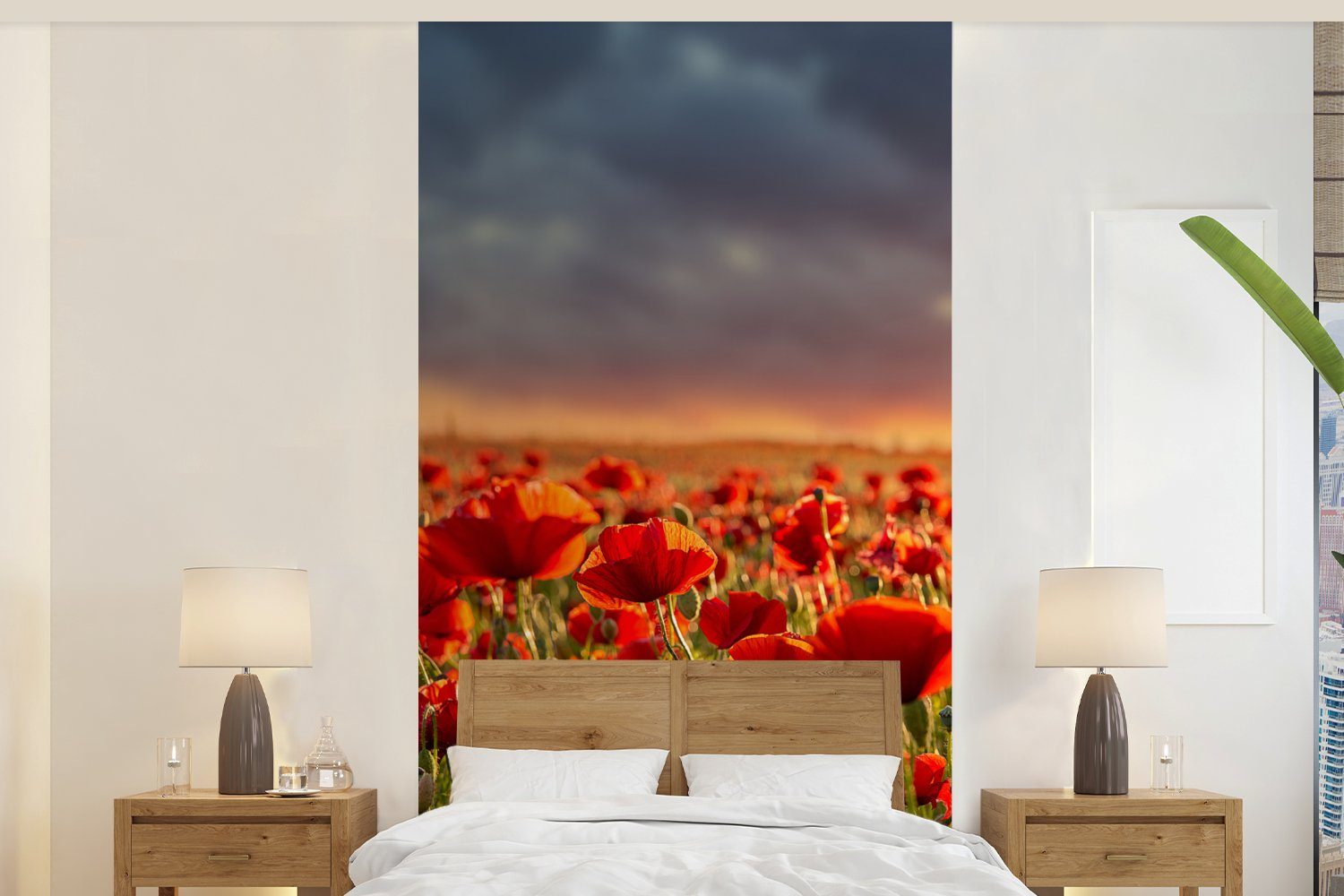 MuchoWow Fototapete Sonnenuntergang - Mohnblumen - Rot - Blumen - Feld - Natur, Matt, bedruckt, (2 St), Vliestapete für Wohnzimmer Schlafzimmer Küche, Fototapete
