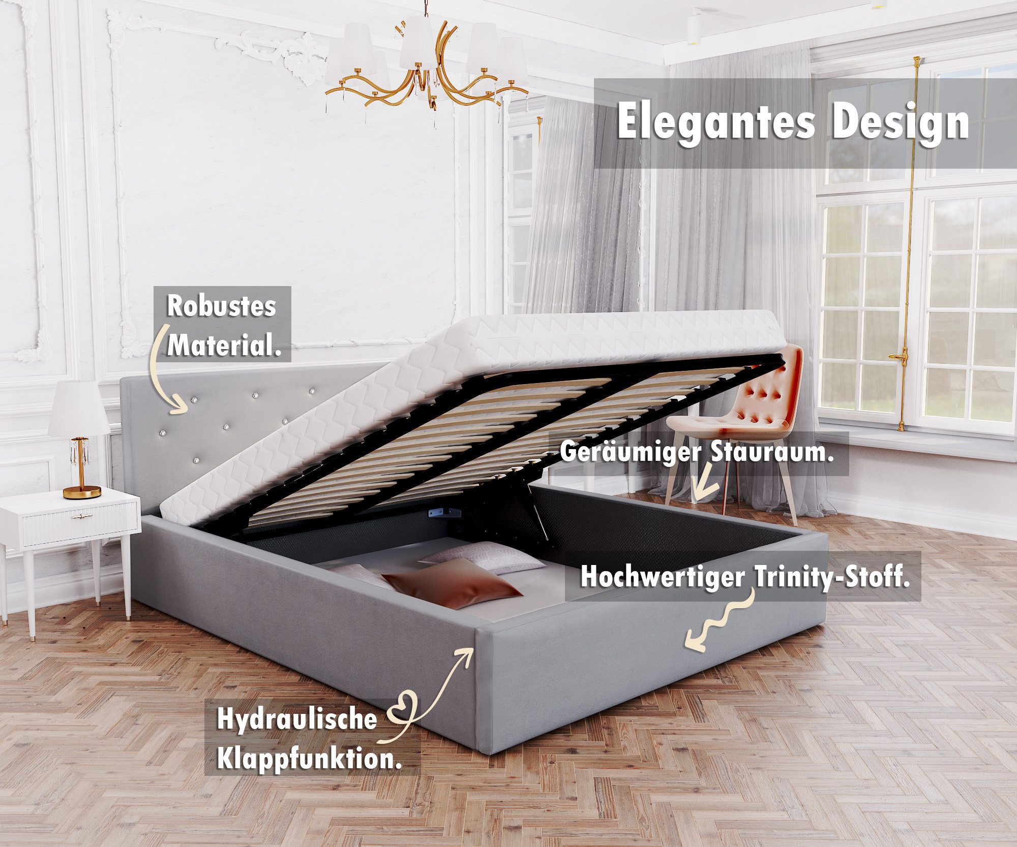 thematys Polsterbett Bett Stauraumbett aus Velours, 120x200, 140x200, 160x200, 180x200cm (MADE IN EU - mit hochwertigem Velours Bezug, Bettrahmen, Bett, Optional mit Matratze bestellbar, mit großen gepolsterten Kopfteil, mit Bettkasten zum aufklappen), Metallrahmen mit Lattenrost, hydraulische Klappfunktion für Stauraum