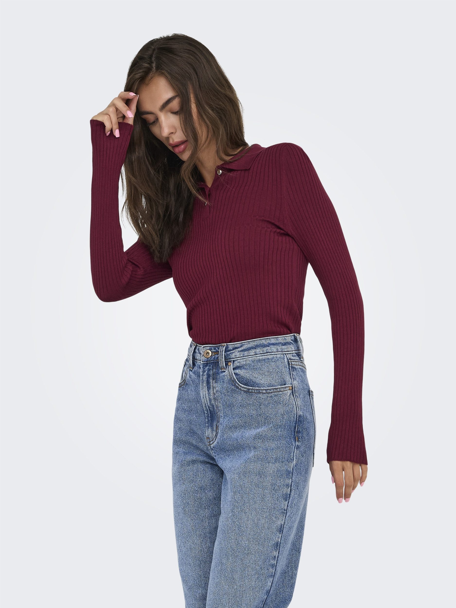 Strickpullover ONLMILA LS RIB BUTTON POLO NECK CS Cabernet/Gold Button