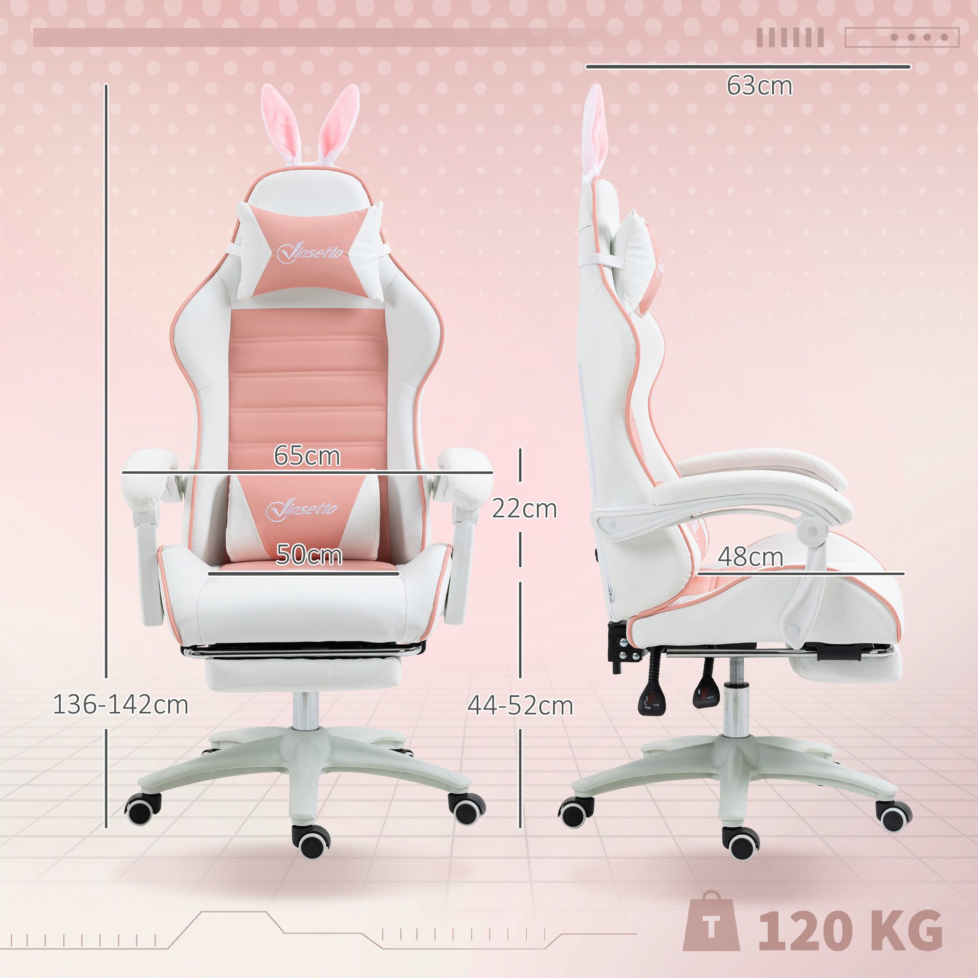Vinsetto Gaming-Stuhl mit Lendenwirbelstütze, Fußstütze, Hasenohren, Kopfkissen (Bürostuhl, 1 St), mit verstellbar Liegefunktion, Rosa