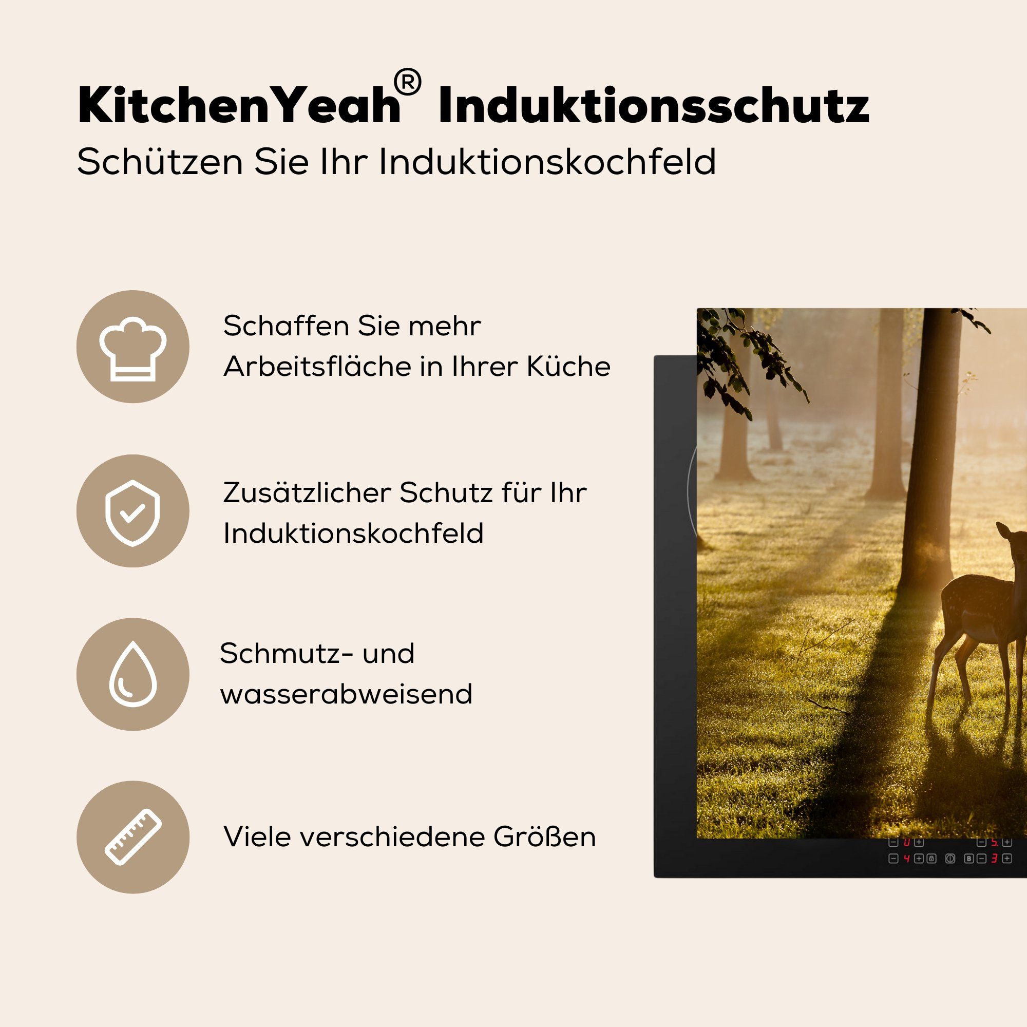 MuchoWow Herdblende-/Abdeckplatte Hirsche Ceranfeldabdeckung Bäume, küche, - die 59x52 (1 - für tlg), Vinyl, Sonne cm, Induktionsmatte