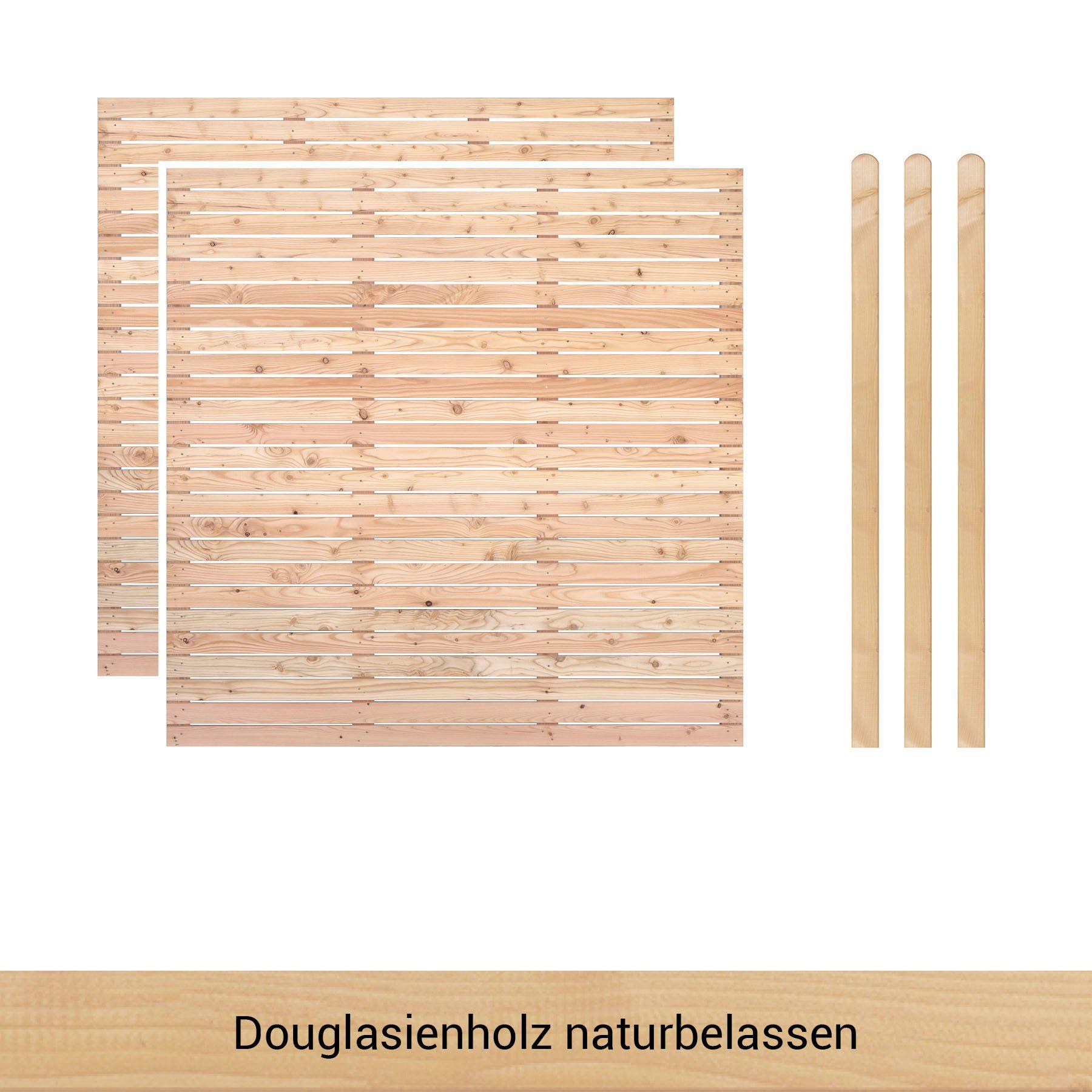BM Massivholz Zaun Kurt Set 2, (Set), 2 Zaunelemente 180 x 180cm, 3 Pfosten, Kopf gerundet, Länge 190cm