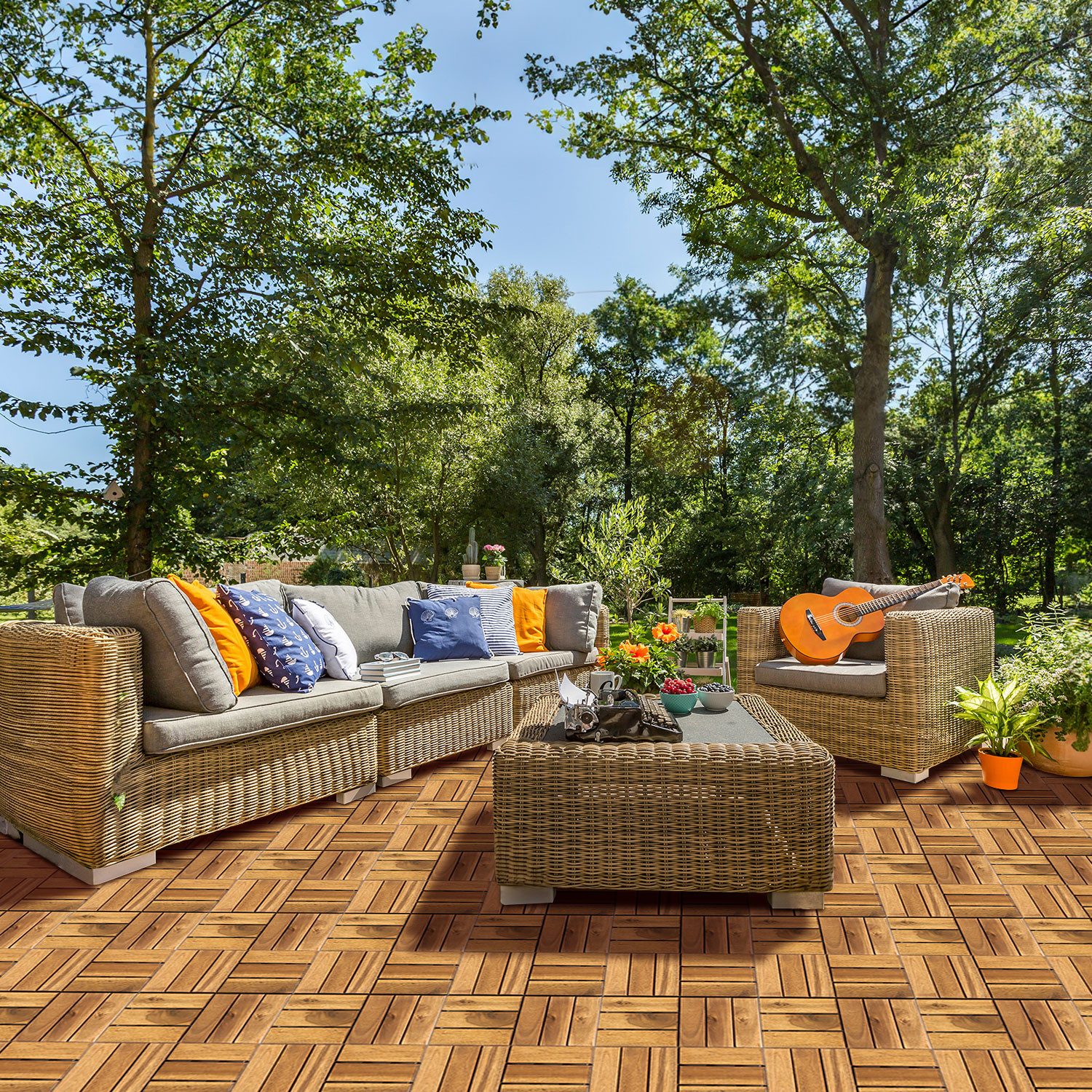 Clanmacy Holzfliesen 1-10 Terrassenfliesen, 11-110 Stück, Akazien-Holz Balkonplatten - 1, 11er Set, 11 St., 30x30cm = 1qm pro Fliese, rutschfest, Stecksystem, l – Bild 5 von 5