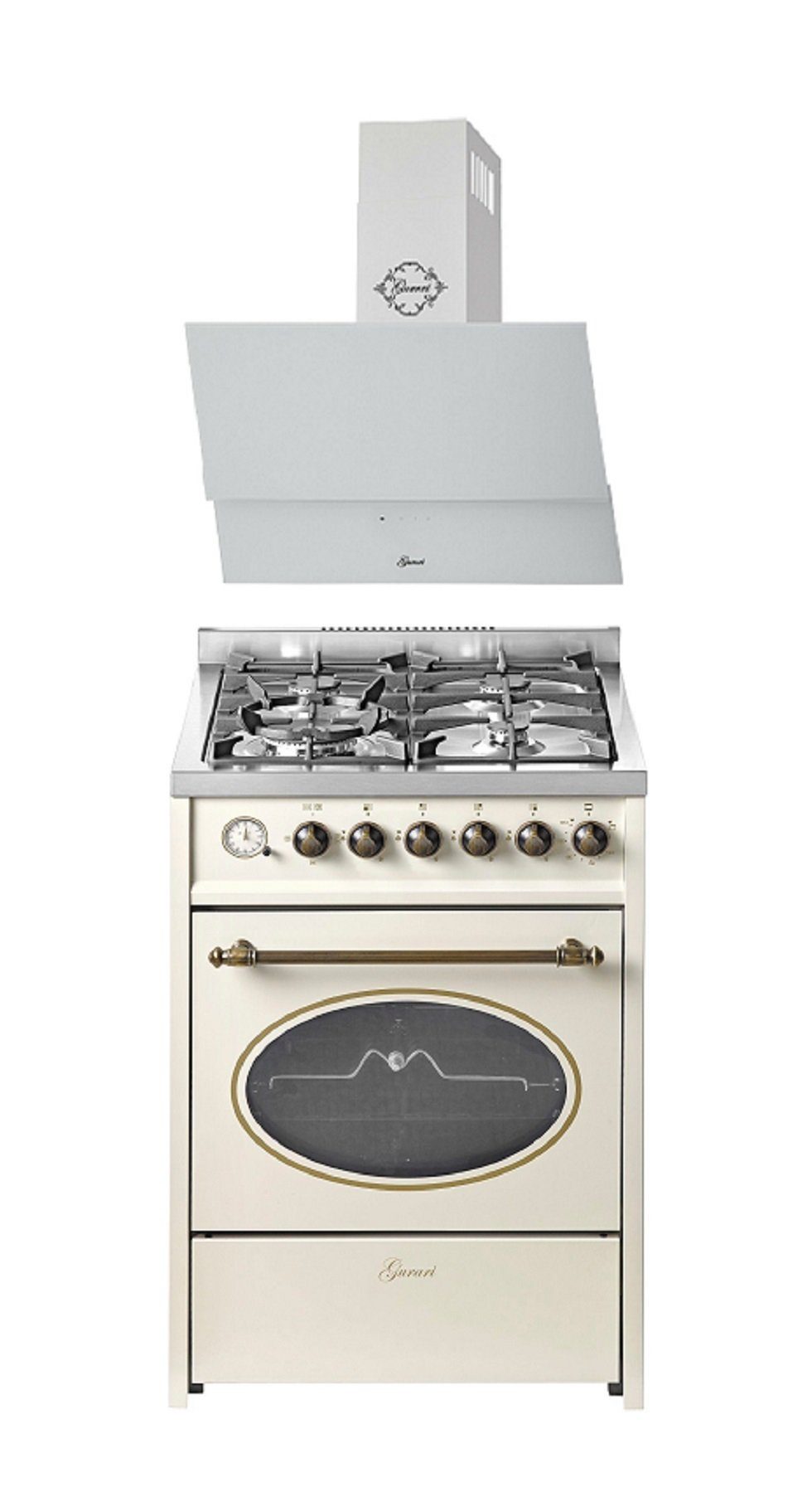GURARI Gas-Standherd 60 cm Erdgas Fl.Gas 4 Kw WOK+Dunstabzugshaube 60 cm GCH G 614 CR +GCH 268 WH 6 Prime., mit 1-fach-Teleskopauszug