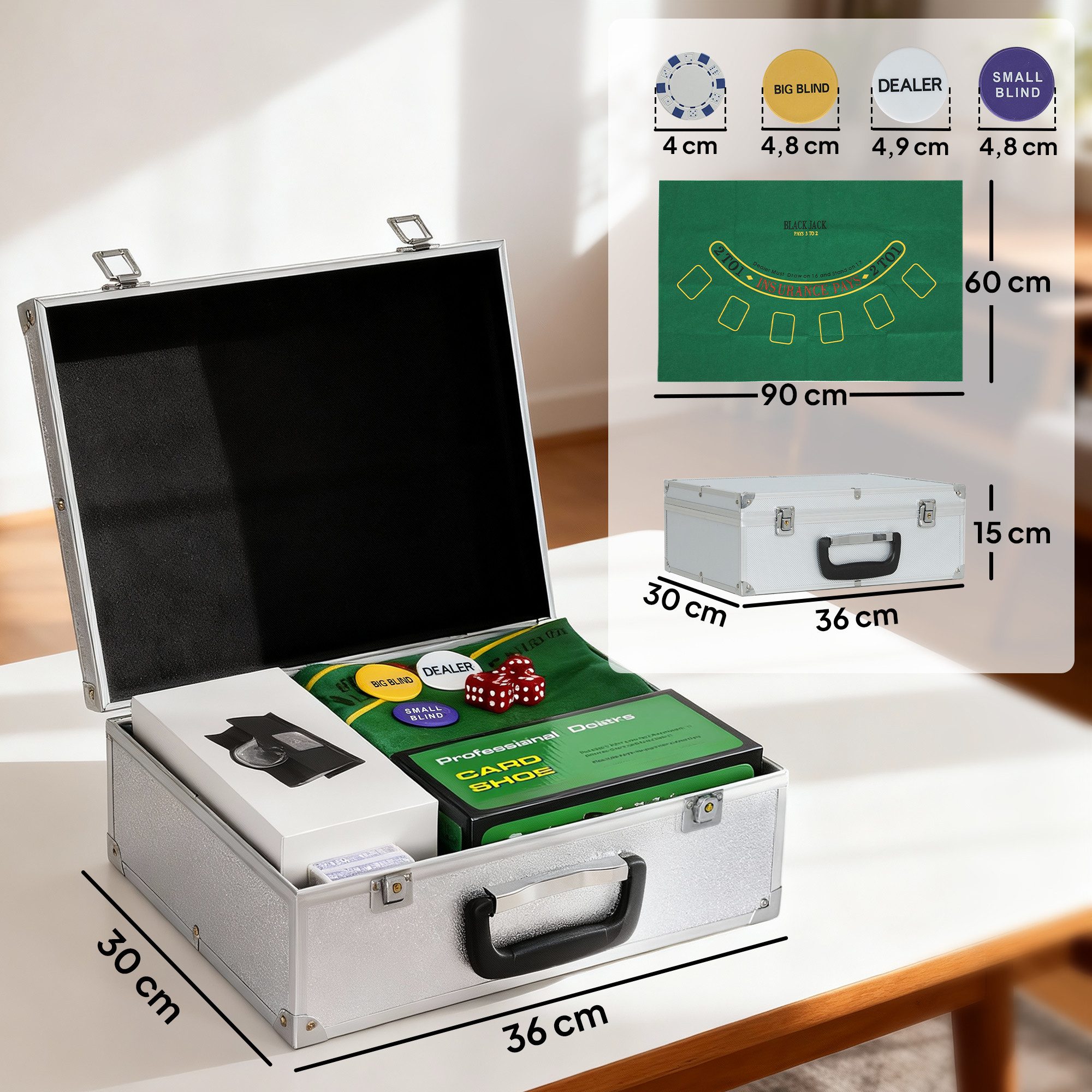 SPORTNOW Spiel mit Koffer, 300 Chips, Karten, 5 Würfel, Dealer, Button, Kartendecks, Strategiespiel, Aluminiumkoffer für Texas Hold'em, Blackjack