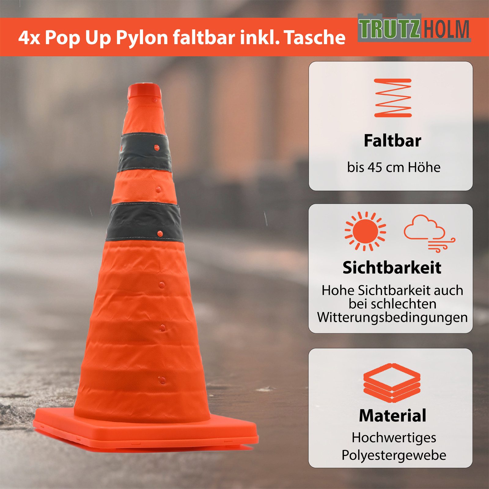 TRUTZHOLM Pylone faltbar 45 cm Leitkegel Warnkegel Verkehrskegel Sicherheitskegel (4 St), reflektierend