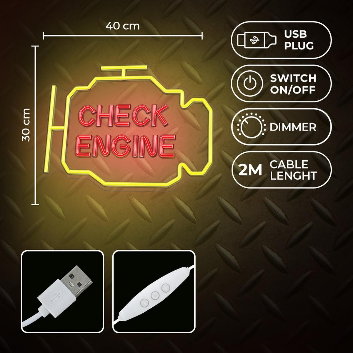 Forever Light LED Dekolicht Neon LED Leuchte "CHECK ENGINE" gelb/rot – NNE21 – Neolia, LED fest integriert, Gelb, Rot, Dimmbar, LED gleichmäßig, Ein-/Aus-Schalter