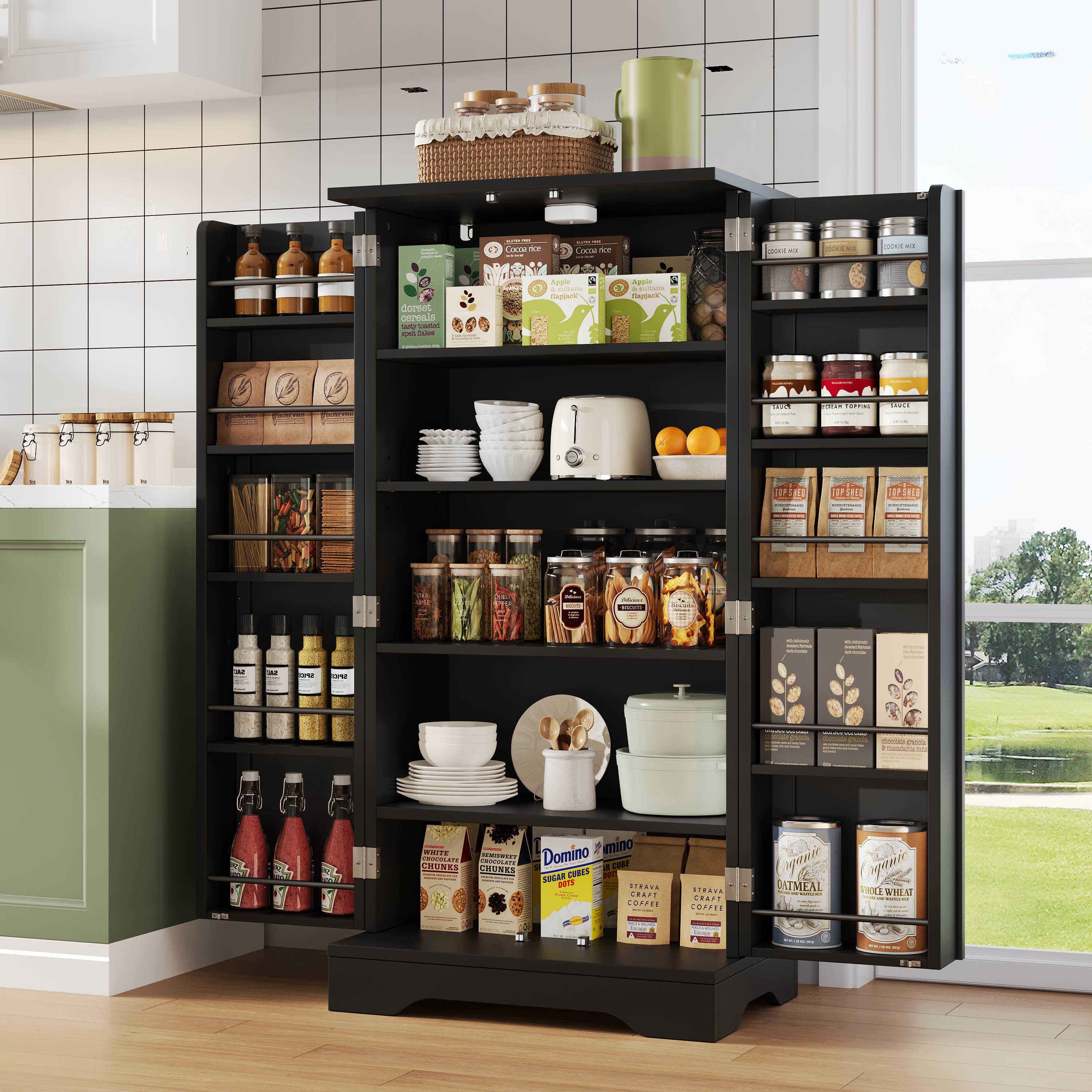 Flieks Mehrzweckschrank Hochschrank mit LED-Sensorlicht und verstellbaren Regalböden (H120,5xB60xT40 cm, 1-St) Küchenschrank mit Türablagen Buffet Aufbewahrungsschrank schwarz