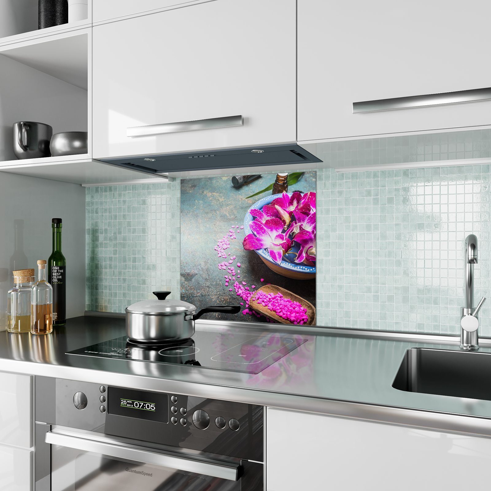 Primedeco Küchenrückwand Topf Glas Orchideenblätter Spritzschutz Motiv in Küchenrückwand mit