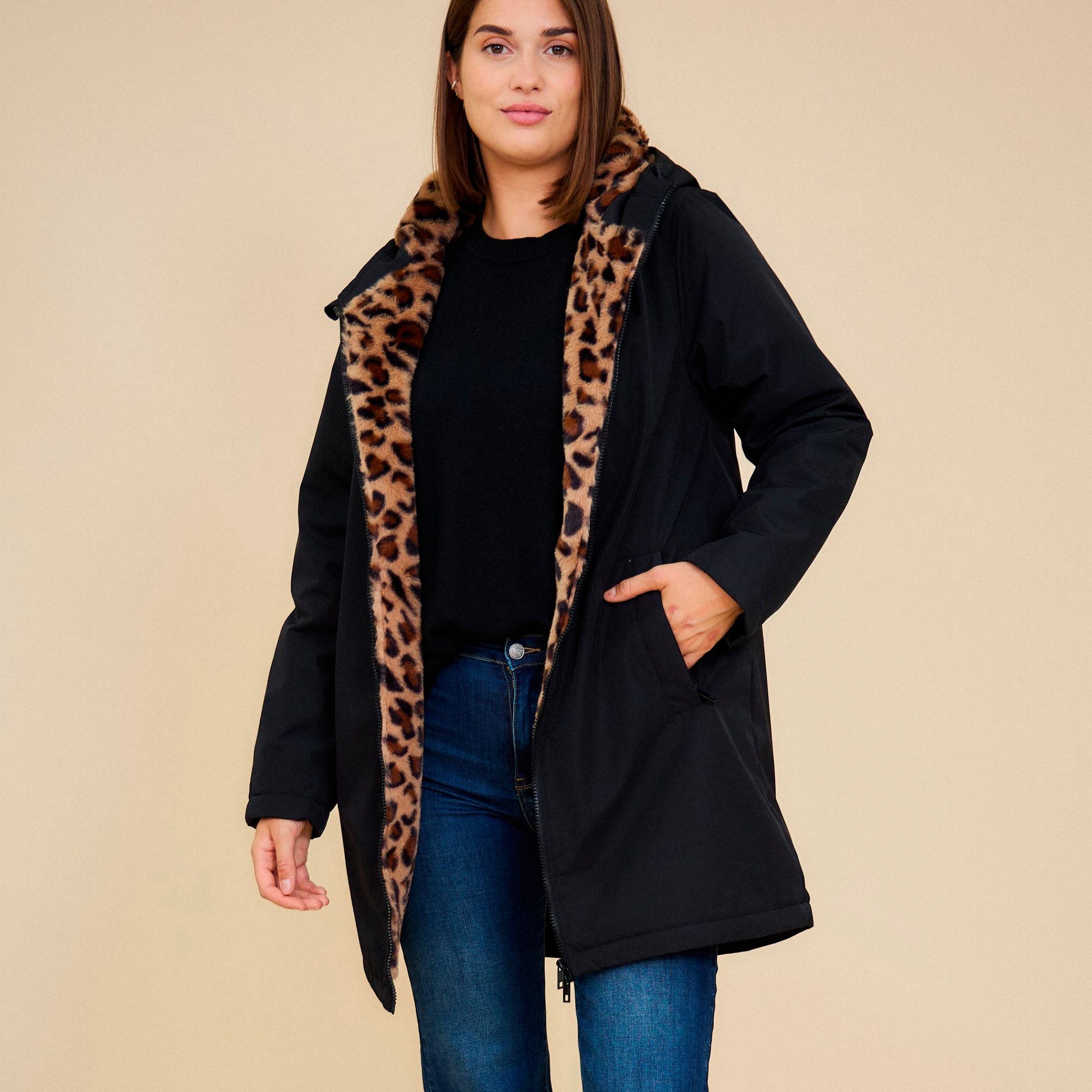 30seven Parka beheizter Parka mit Leopardenmuster als Innenfutter - Farbe Schwarz 7,4V Set inkl. Akku & Ladegerät