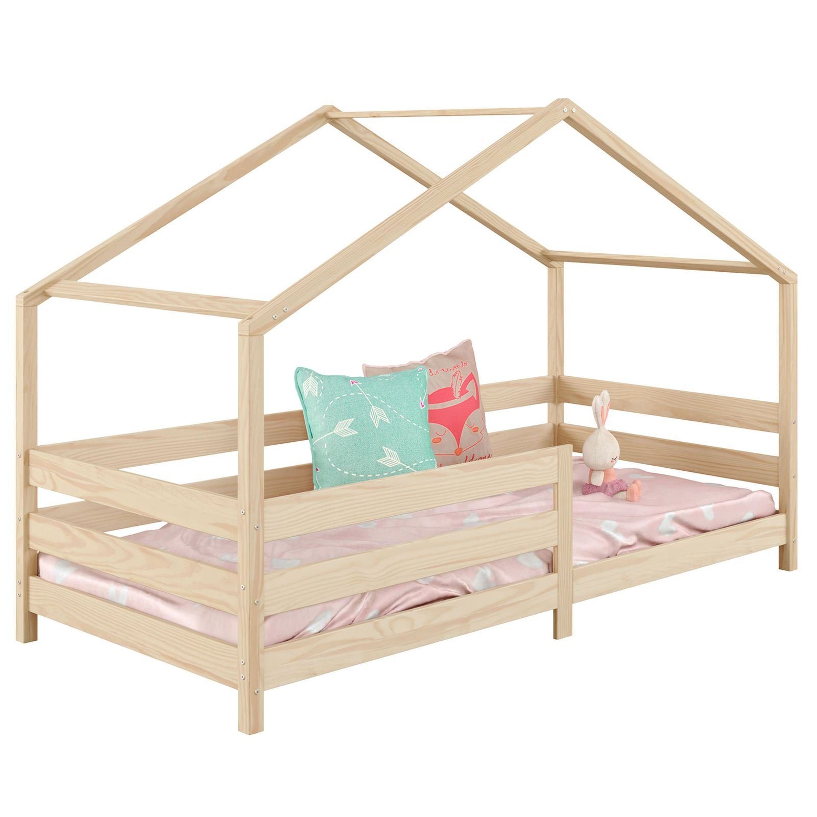 IDIMEX Kinderbett RENA, Hausbett Montessori Bett 90 x 200 Kinderbett Rausfallschutz Kiefer nat natur