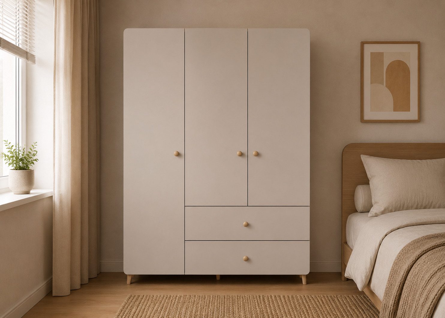 MOEBLO Drehtürenschrank MERK 3S2T (120 cm breit, mit 3 Türen, 2 Schubladen, 4 Einlegeböden, Kleiderstange und Holzgriffen, Kaschmir) (BxHxT):120 x 204 x 50 cm