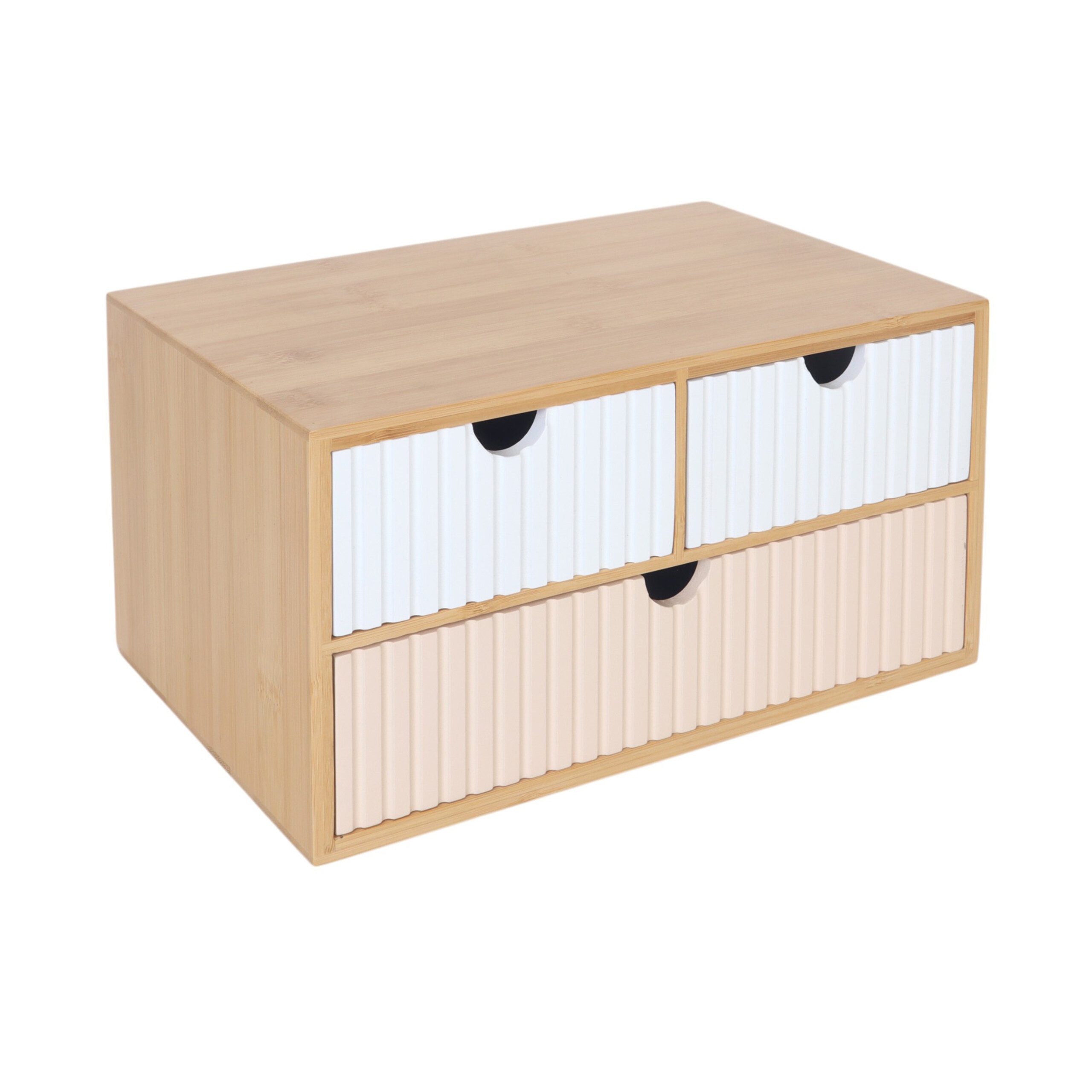 relaxdays Organizer Schubladenbox Bambus geriffelt, Weiß-Rosa