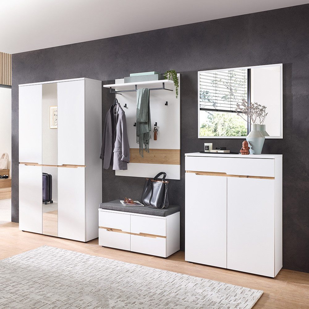 Lomadox Garderoben-Set MANRESA-36-WHITE, (Spar-Set, 5-St., Garderobenschrank Garderobenpaneel Schuhbank Spiegel Schuhschrank), in weiß mit Eiche, grifflos, mit Garderobenbank und Spiegel