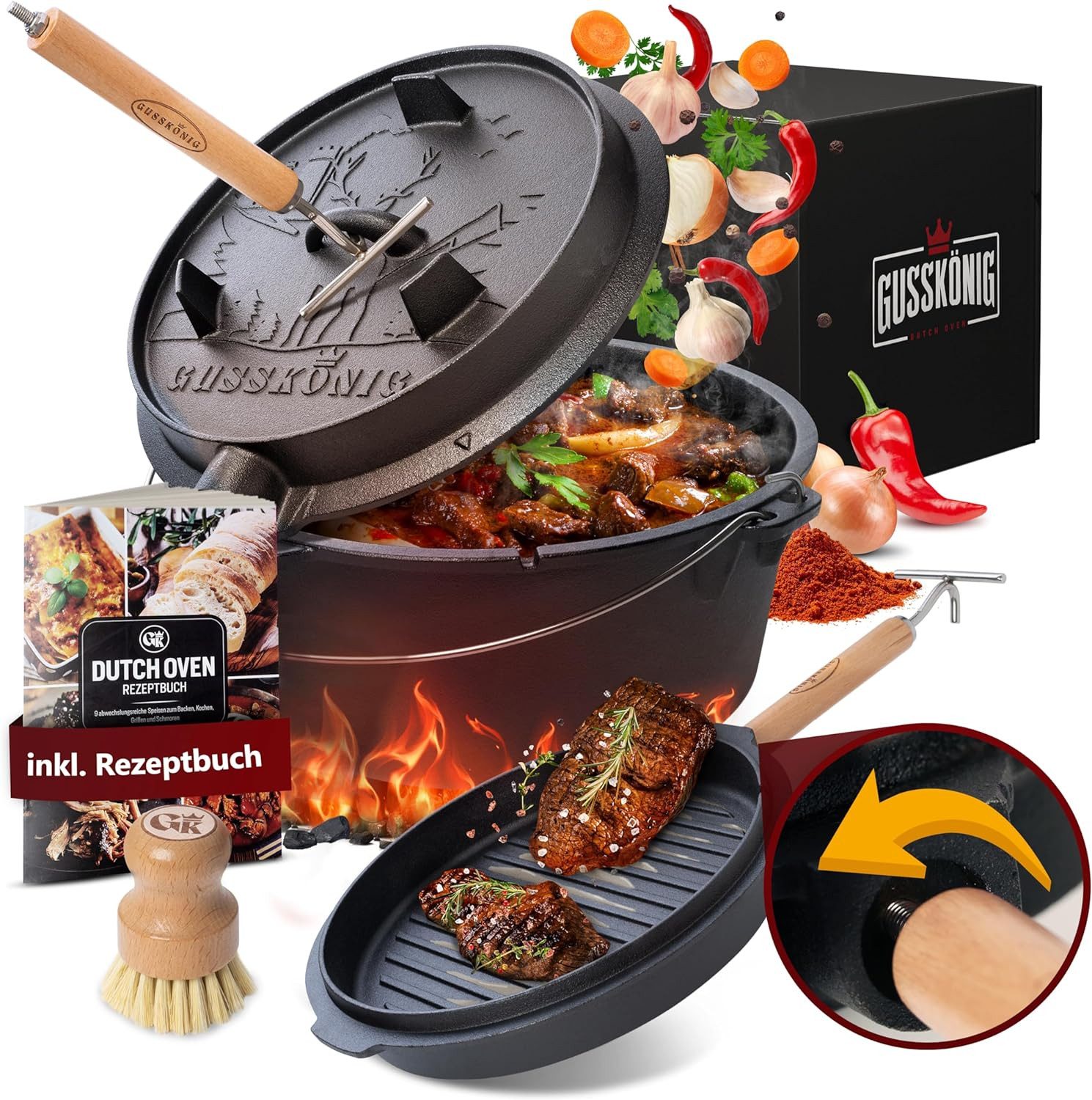 GUSSKÖNIG Grilltopf Dutch Oven Set 9 Liter mit Füßen i2in1 Deckelheber Bürste Rezeptbuch