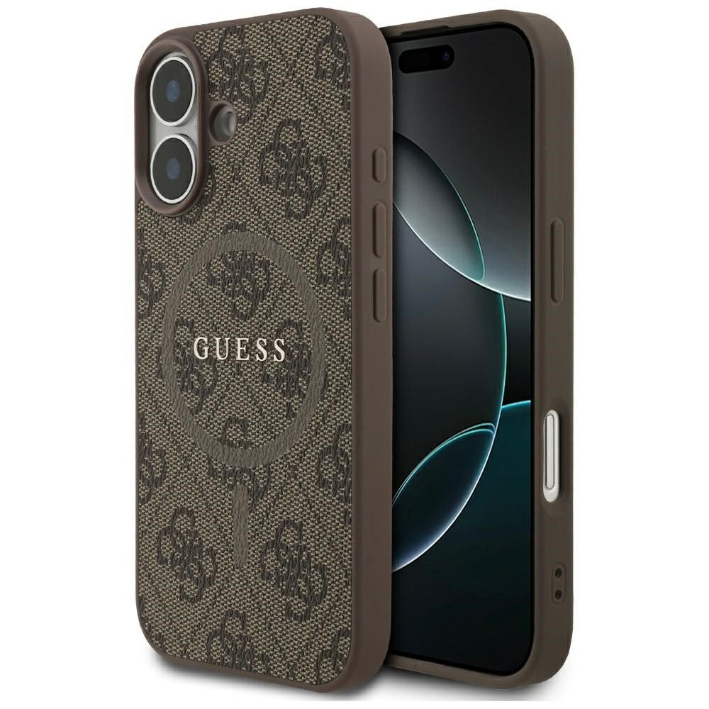 Guess Handyhülle Case iPhone 17 MagSafe Kunstleder braun Logo goldfarben 6,3 Zoll, Kantenschutz