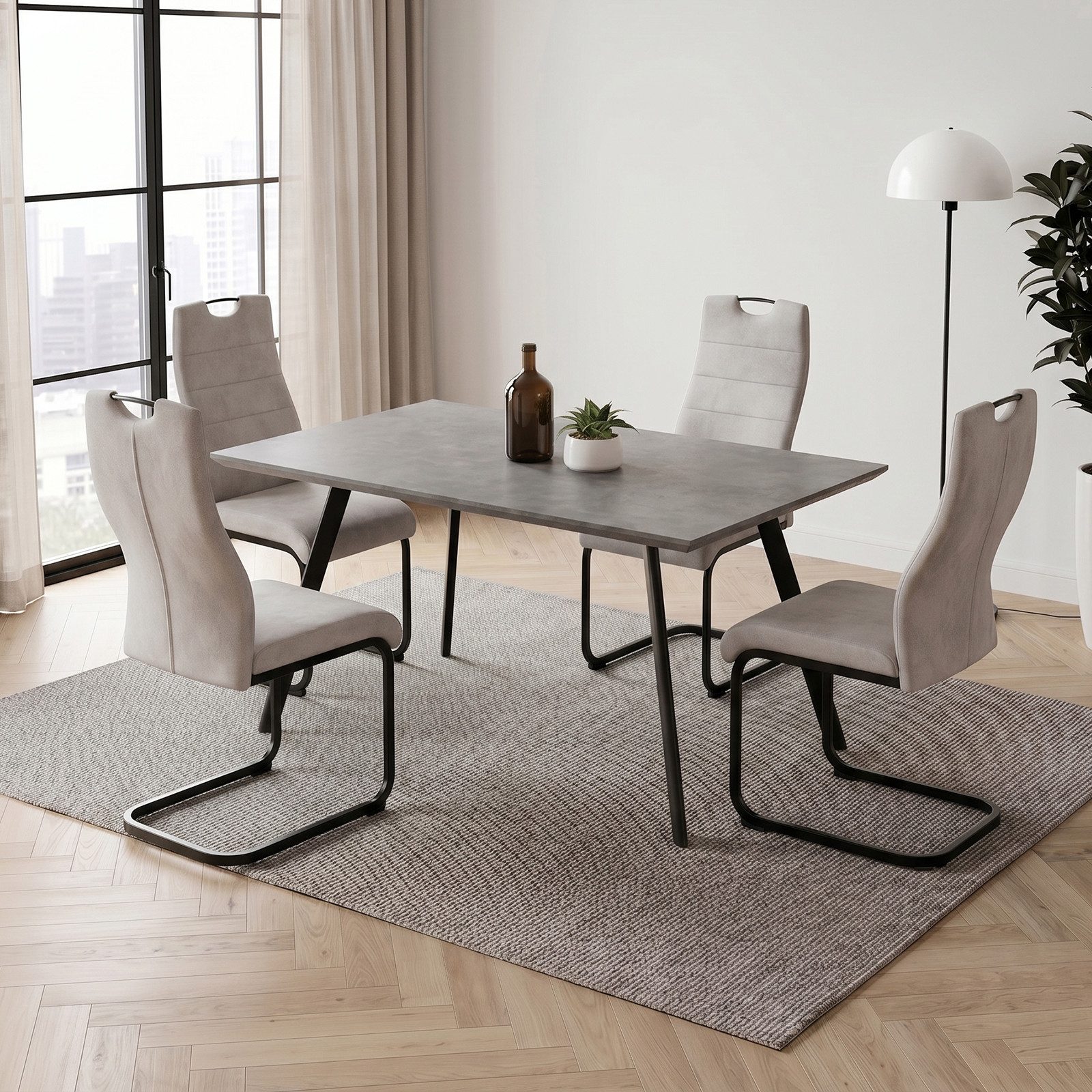 Jiexi Essgruppe Essgruppe 120x73cm MDF-Tisch Grau & Freischwinger Stühle