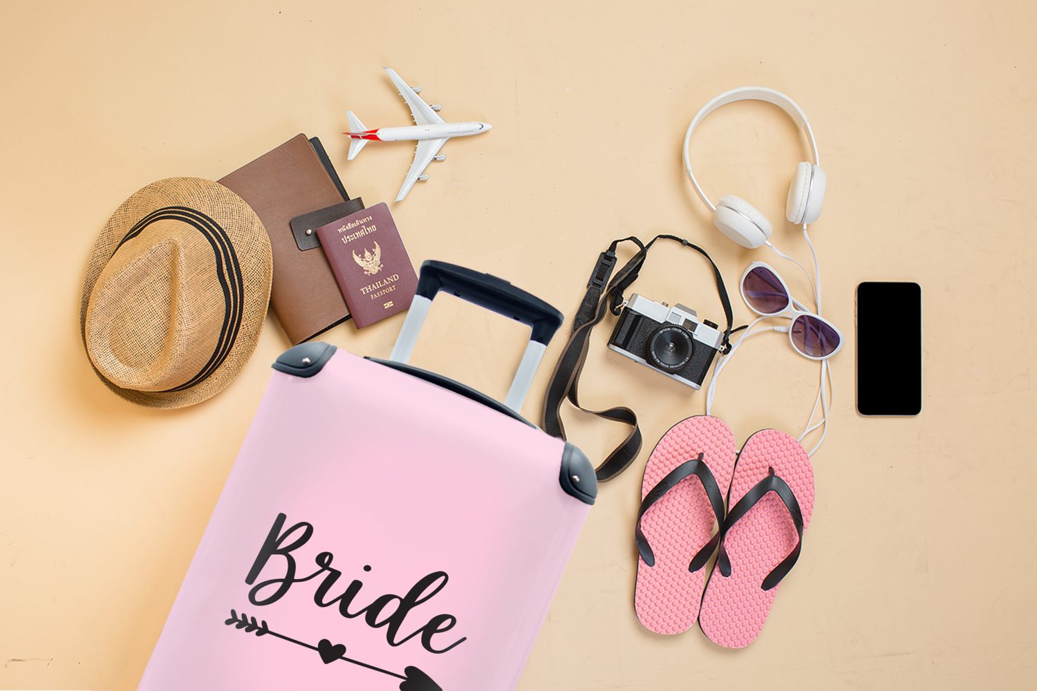 MuchoWow Handgepäckkoffer Pfeil rosa rollen, 4 "Braut" Hintergrund, einem durch Handgepäck ein Rollen, dem Herz auf Wort mit Ferien, Reisetasche für Trolley, mit Reisekoffer
