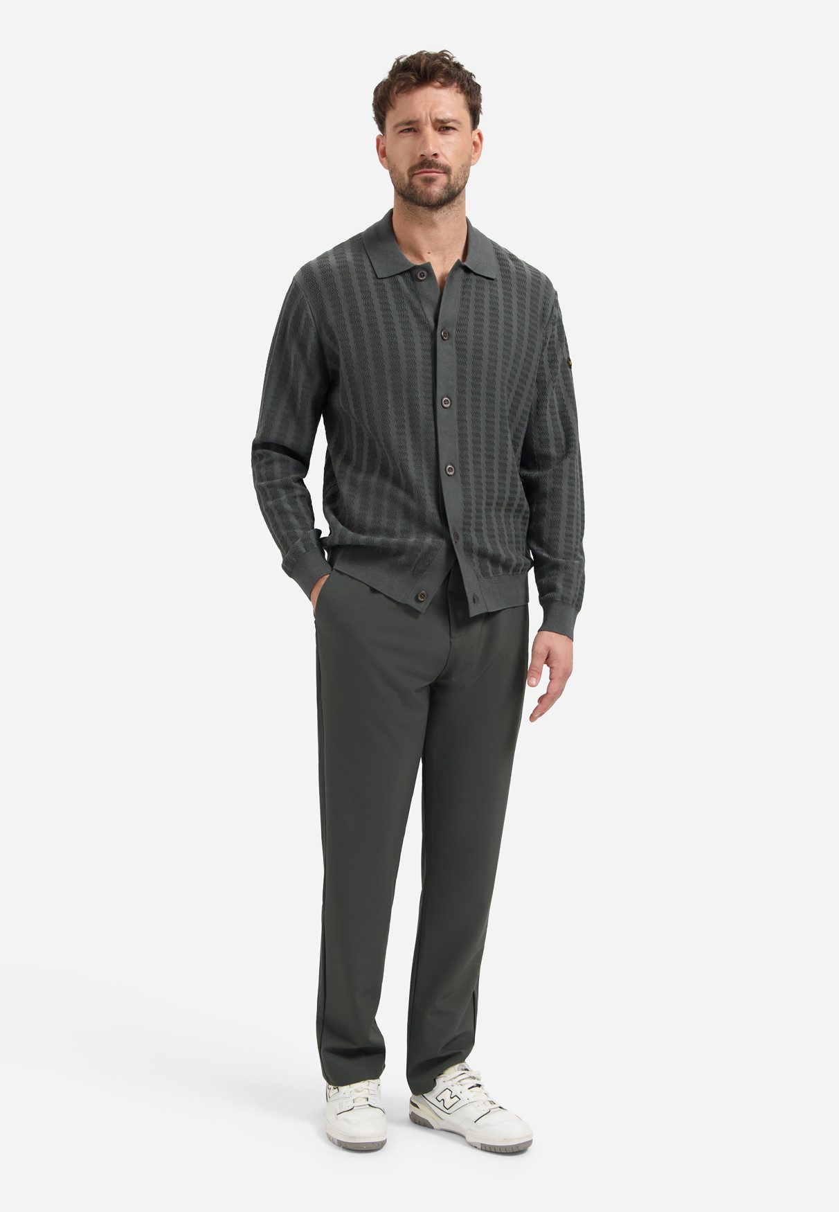 NO EXCESS Strickpullover Cardigan Full Button Polo Jacquard, Dark Steel