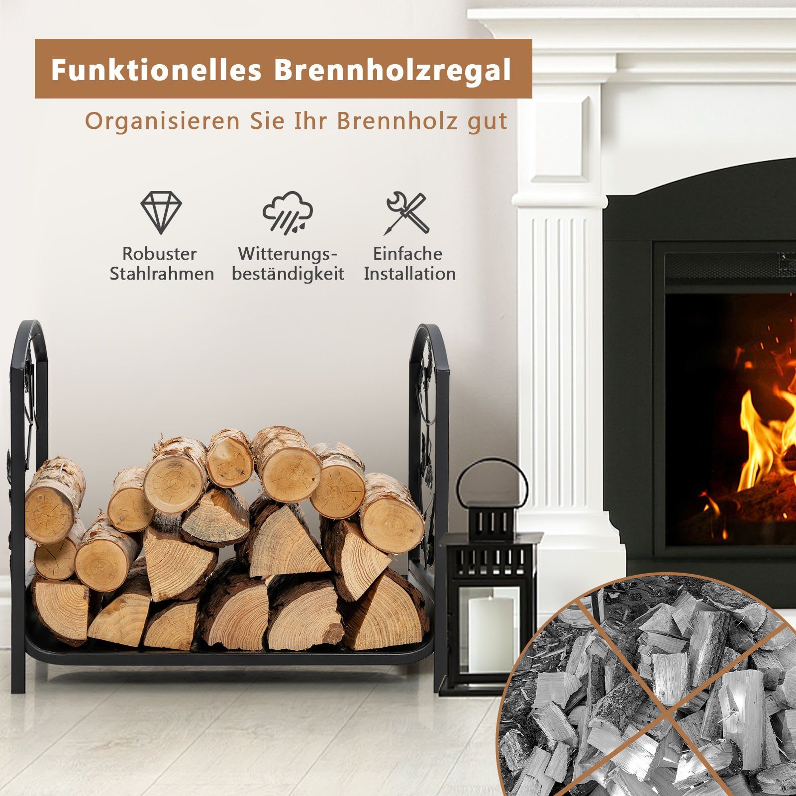 COSTWAY Kaminholzregal Metall, mit Sockel & Griffen, bis 150kg